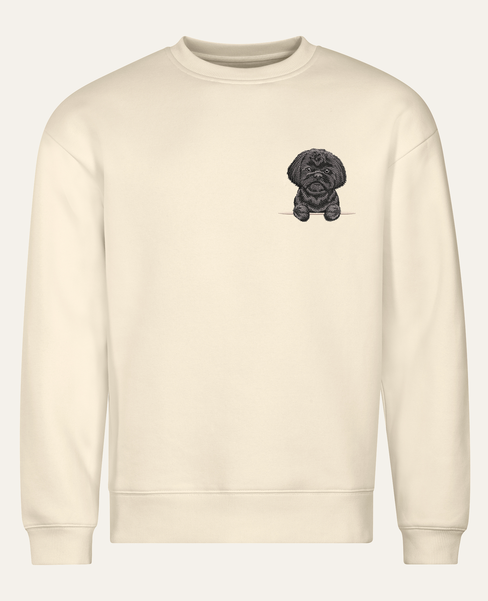 Shih tzu (czarny) – bluza z haftem, piaskowa (cała sylwetka)