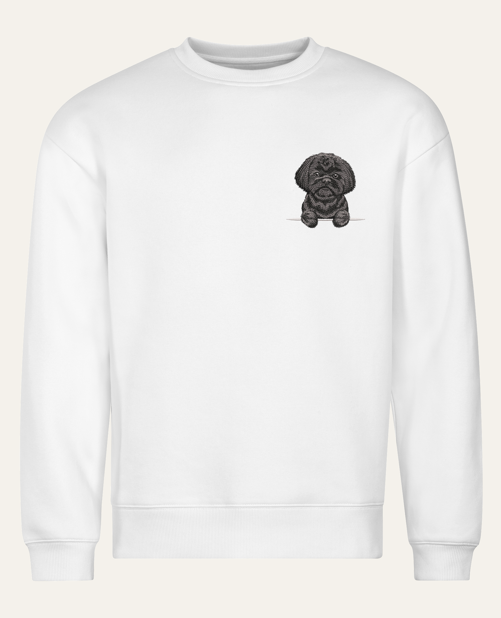 Shih tzu (czarny) – bluza z haftem, biała (cała sylwetka)