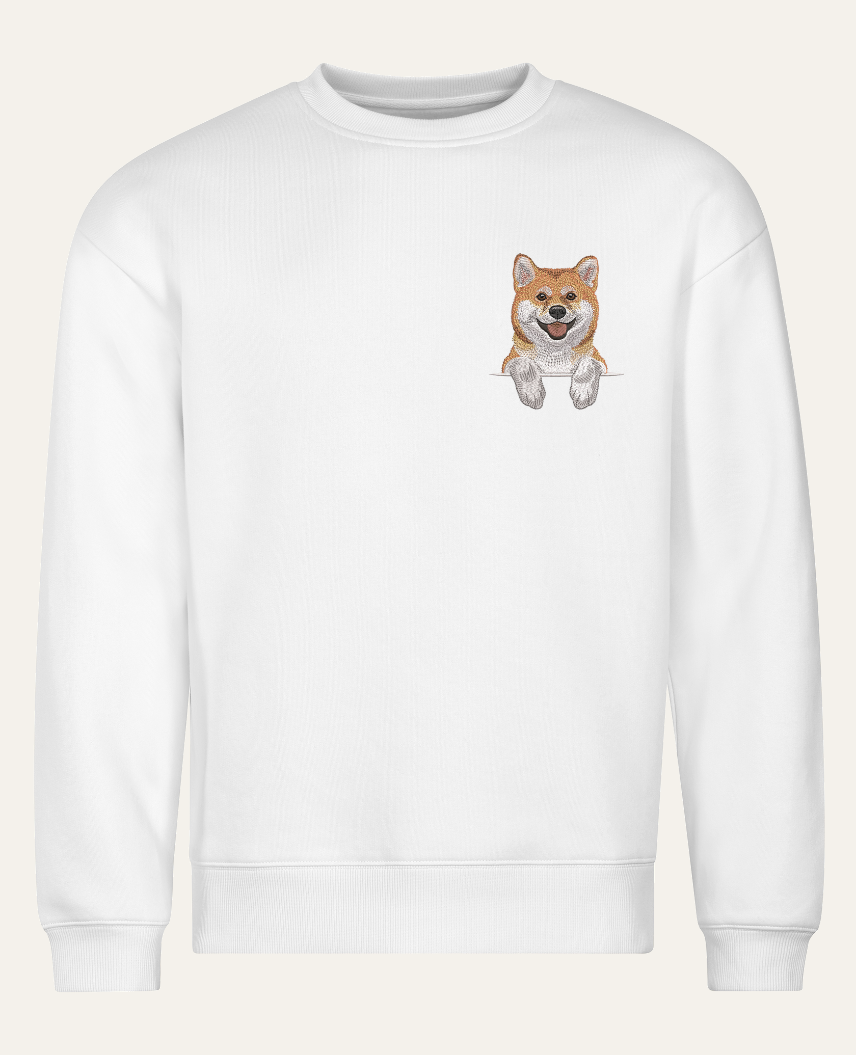 Shiba (rudy) – bluza z haftem, biała (cała sylwetka)