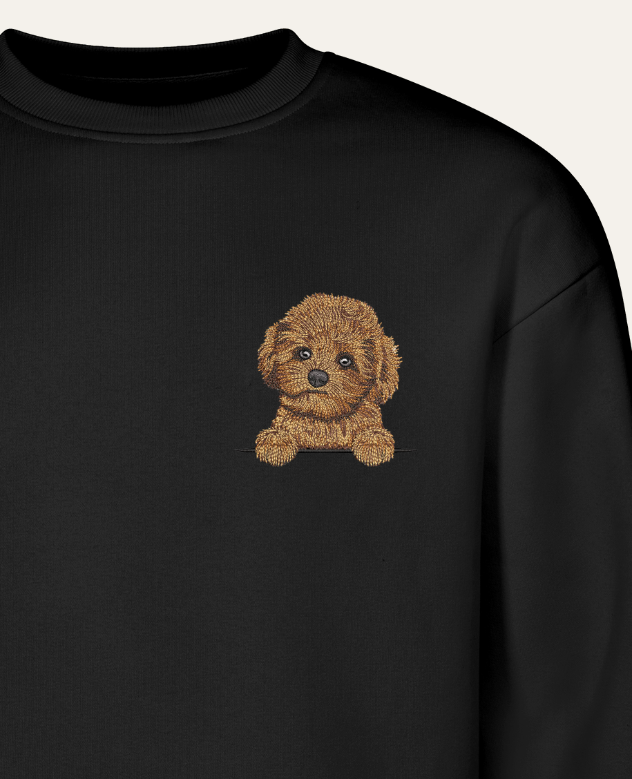 Maltipoo mini – bluza z haftem, czarna (zbliżenie)