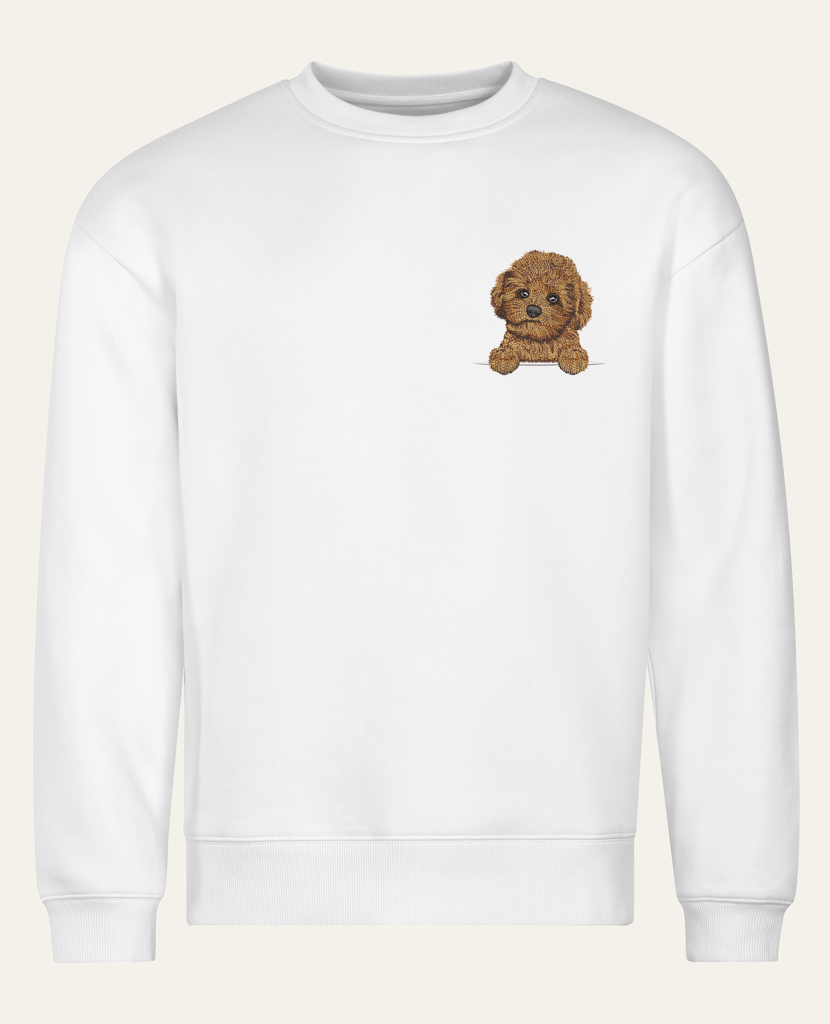 Maltipoo mini – bluza z haftem, biała (cała sylwetka)