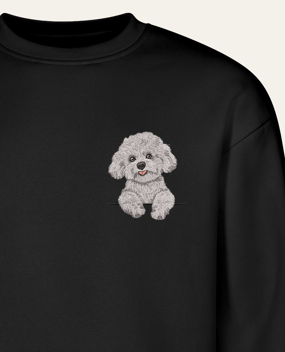 Bichon frisé (biały) – bluza z haftem, czarna (zbliżenie)