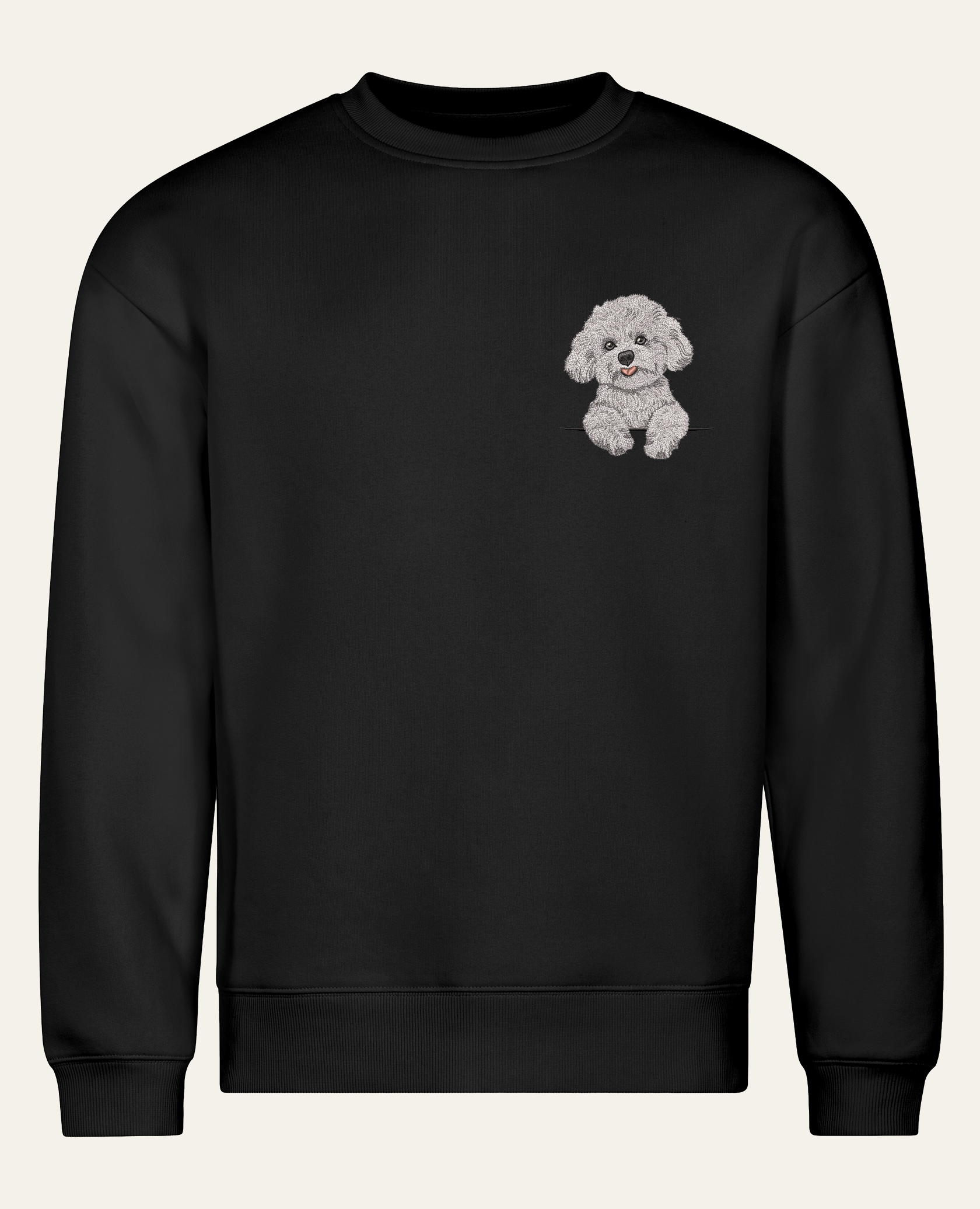 Bichon frisé (biały) – bluza z haftem, czarna (cała sylwetka)