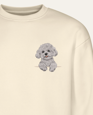 Bichon frisé (biały) – bluza z haftem, piaskowa (zbliżenie)