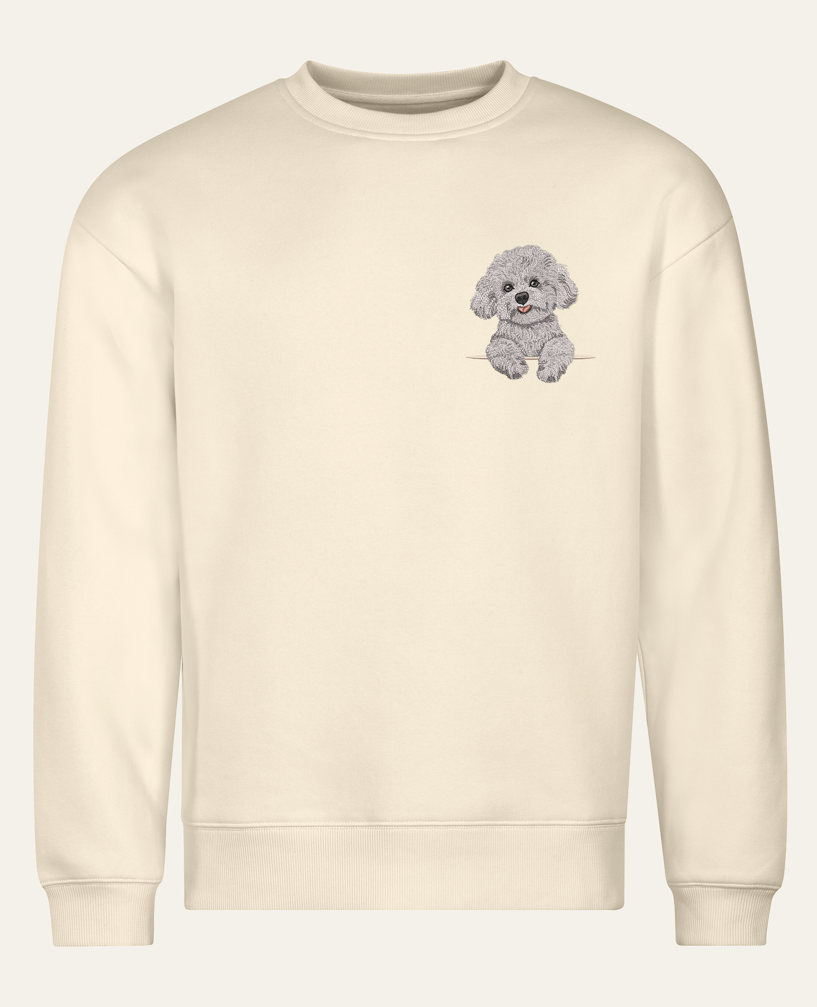 Bichon frisé (biały) – bluza z haftem, piaskowa (cała sylwetka)