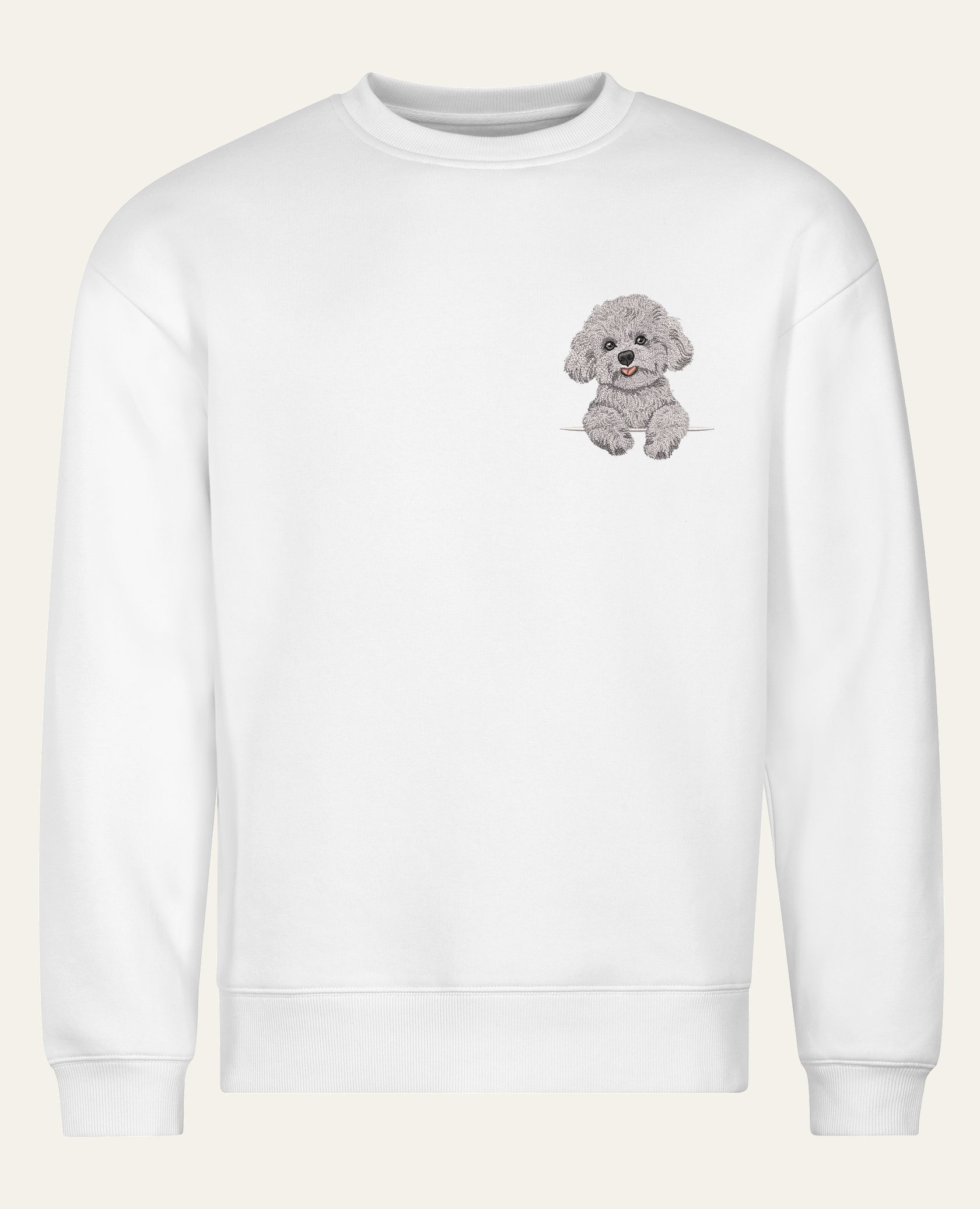 Bichon frisé (biały) – bluza z haftem, biała (cała sylwetka)