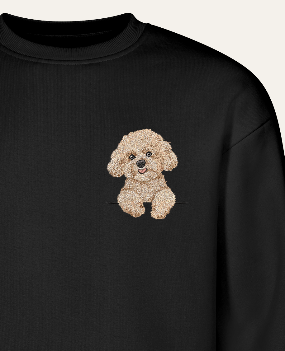 Bichon frisé (beżowy) – bluza z haftem, czarna (zbliżenie)