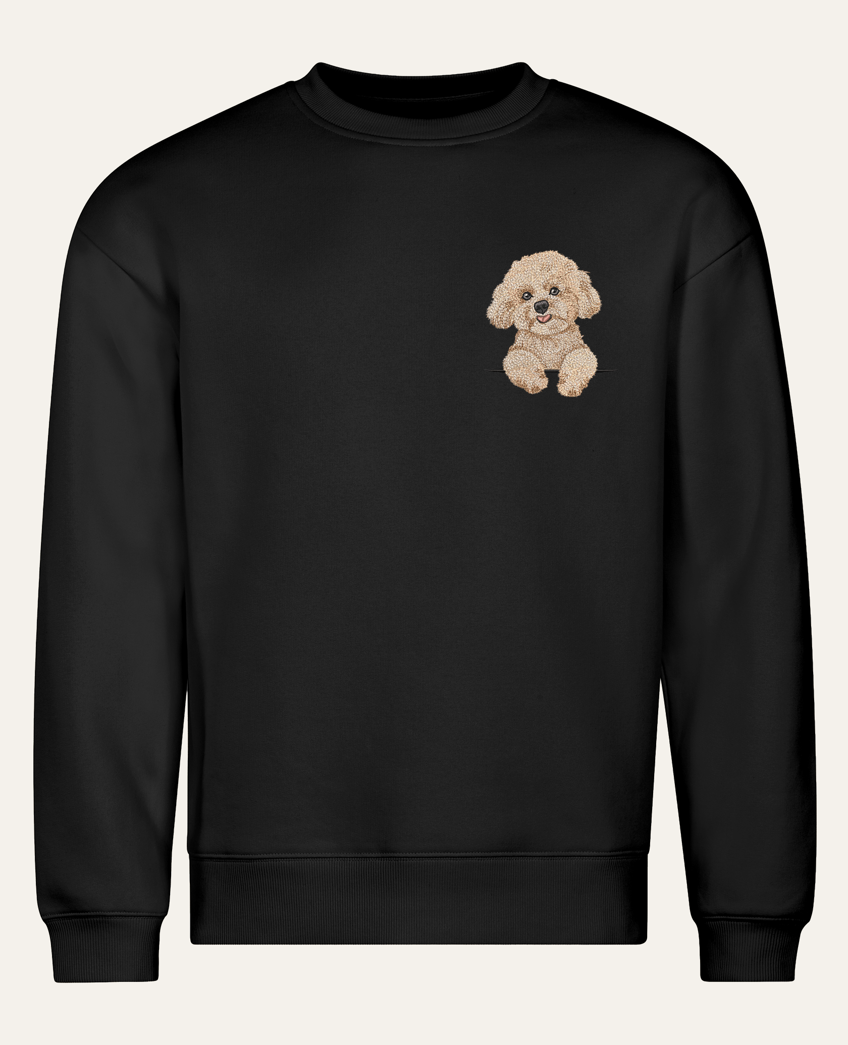 Bichon frisé (beżowy) – bluza z haftem, czarna (cała sylwetka)
