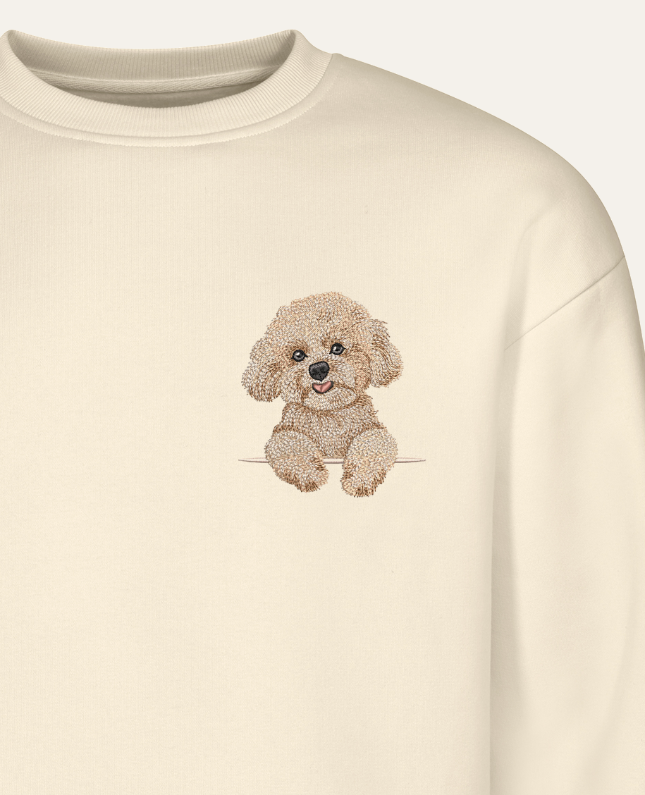 Bichon frisé (beżowy) – bluza z haftem, piaskowa (zbliżenie)