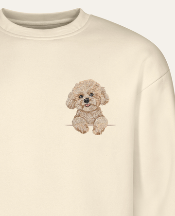 Bichon frisé (beżowy) – bluza z haftem, piaskowa (zbliżenie)