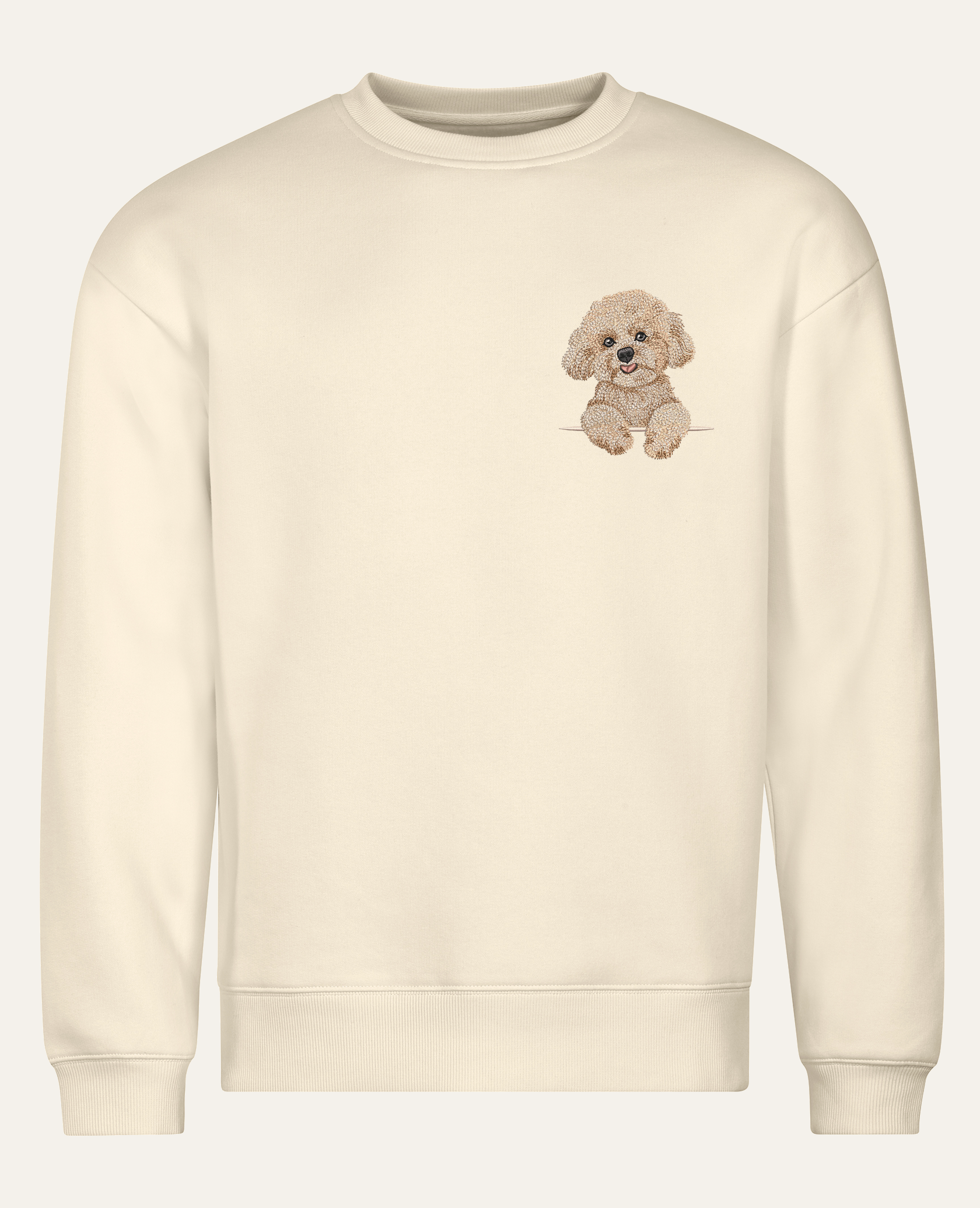 Bichon frisé (beżowy) – bluza z haftem, piaskowa (cała sylwetka)