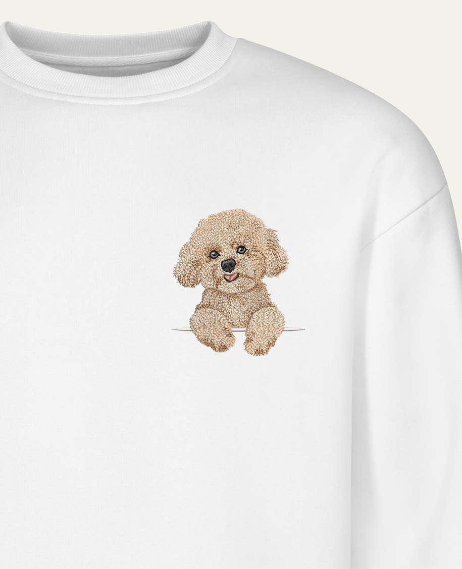 Bichon frisé (beżowy) – bluza z haftem, biała (zbliżenie)