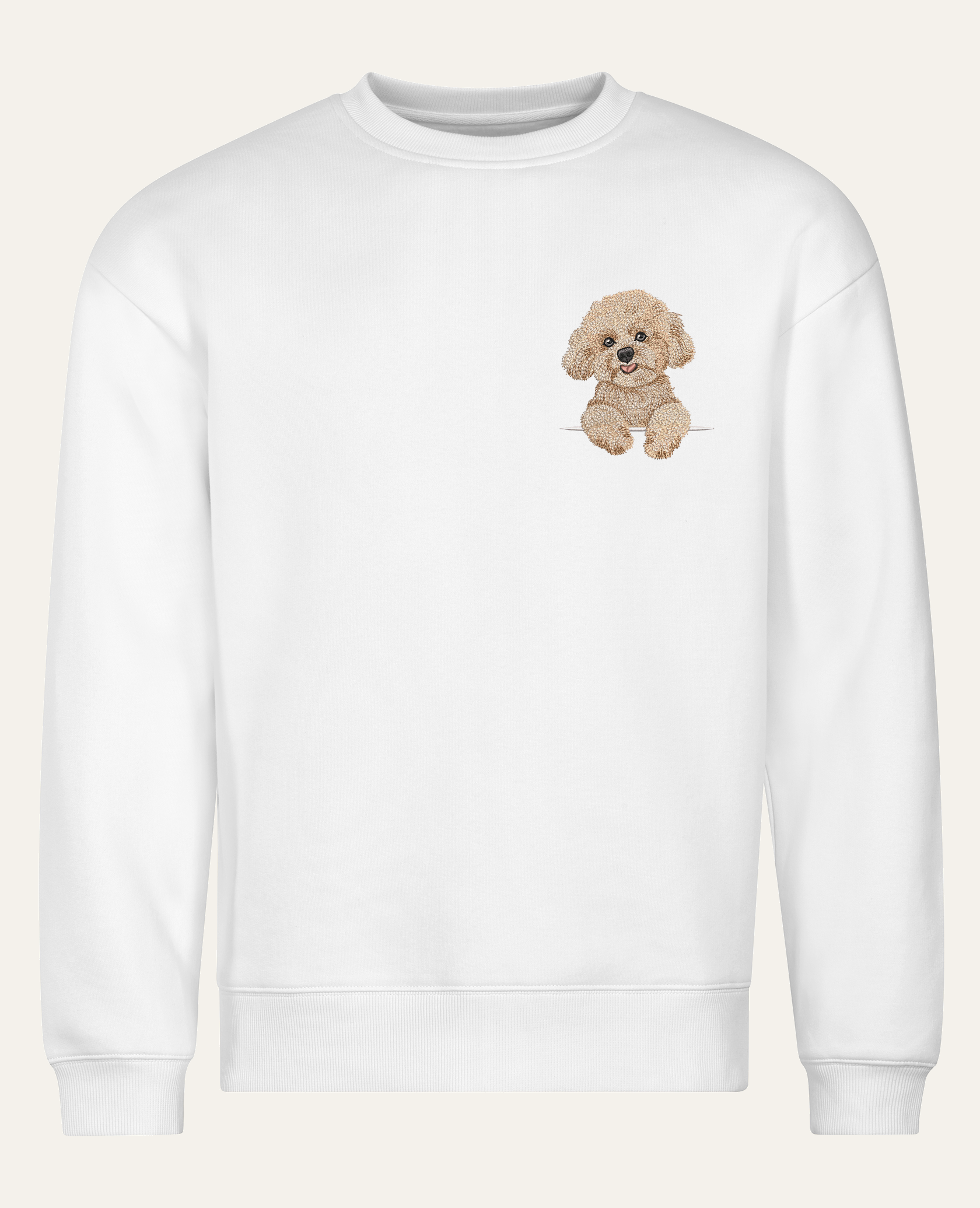 Bichon frisé (beżowy) – bluza z haftem, biała (cała sylwetka)