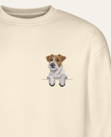 Jack Russell terrier (długowłosy) – bluza z haftem, piaskowa (zbliżenie)