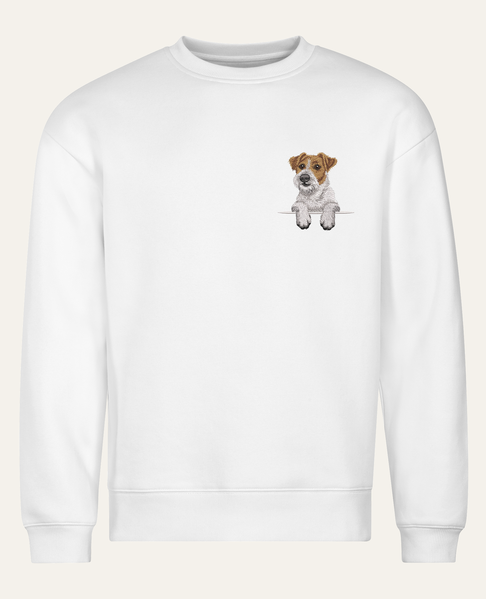Jack Russell terrier (długowłosy) – bluza z haftem, biała (cała sylwetka)