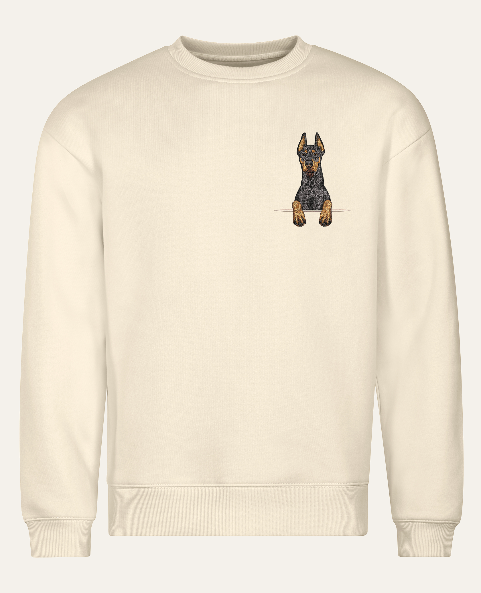 Doberman (czarny) wzór 2 – bluza z haftem, piaskowa (cała sylwetka)