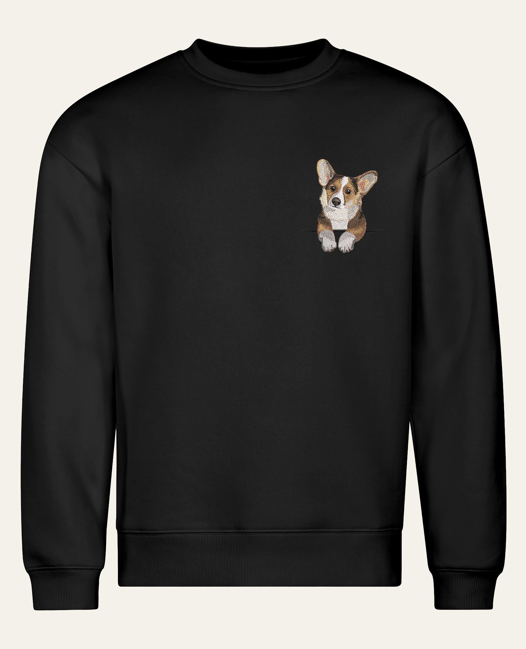 Corgi (tricolor) – bluza z haftem, czarna (cała sylwetka)