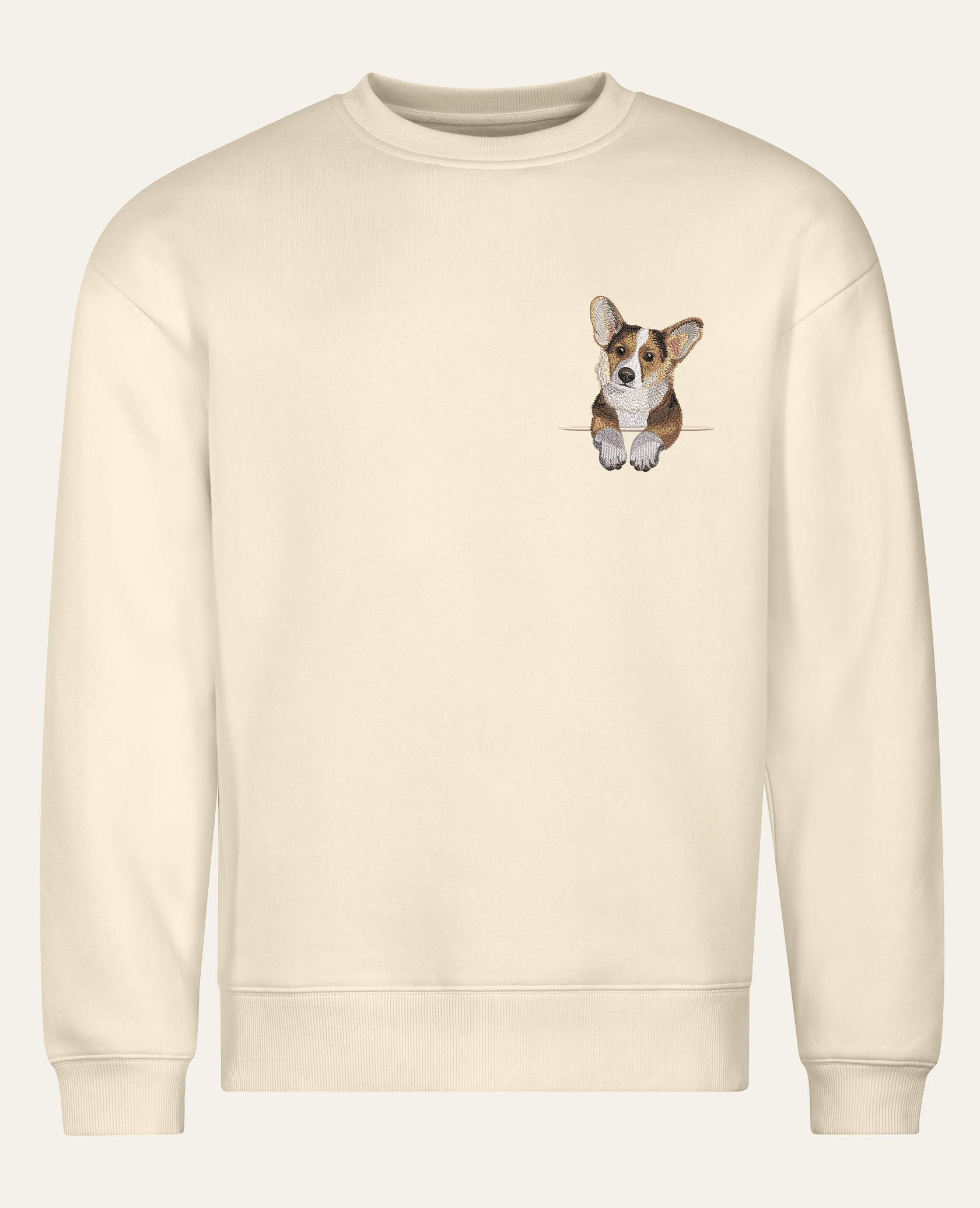 Corgi (tricolor) – bluza z haftem, piaskowa (cała sylwetka)