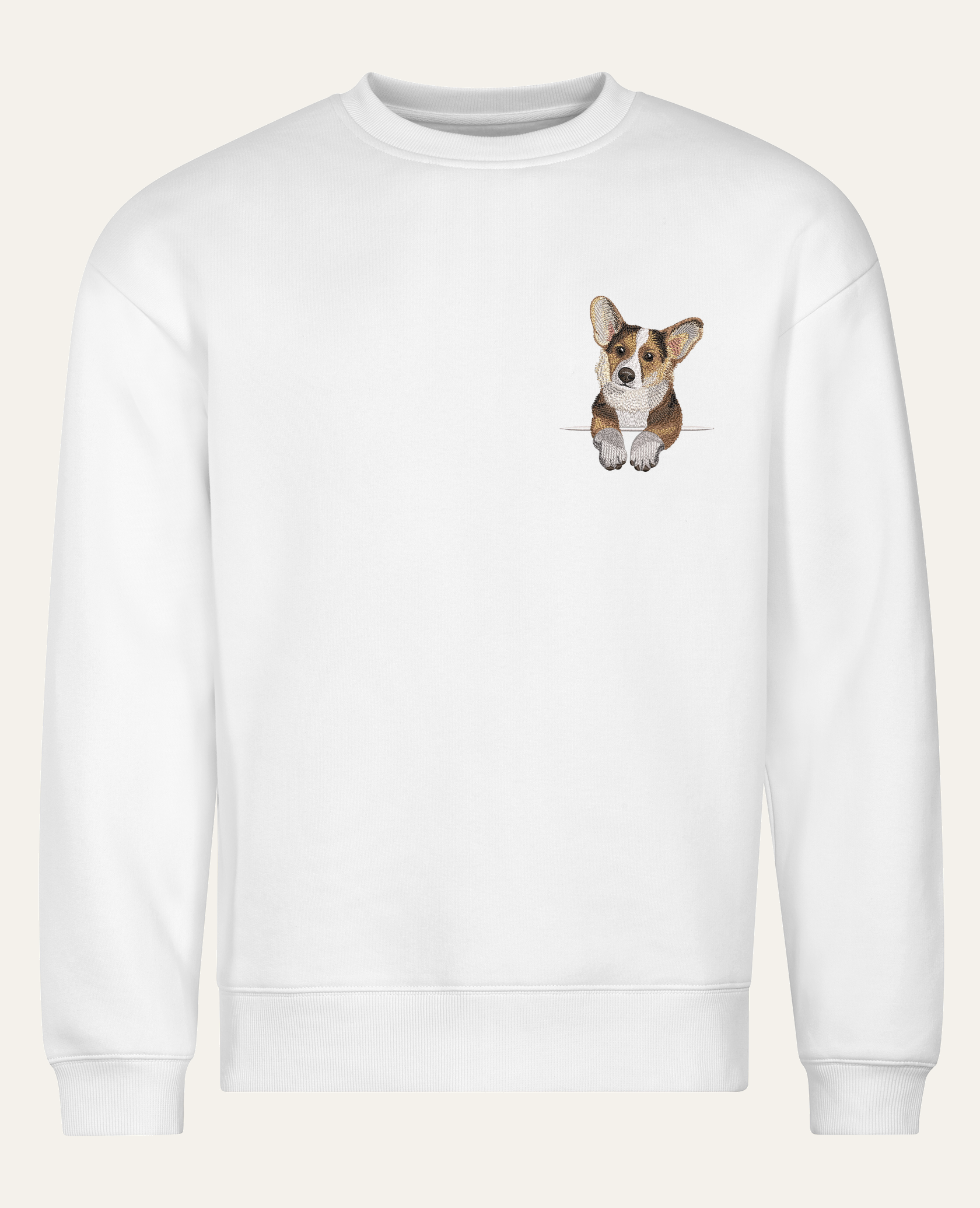 Corgi (tricolor) – bluza z haftem, biała (cała sylwetka)
