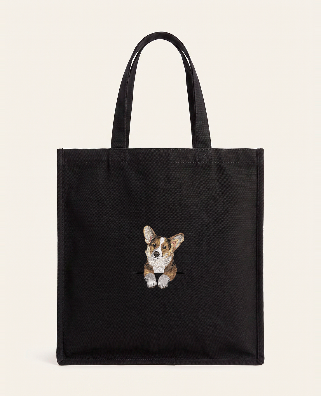 Corgi (tricolor) – torba z haftem, piaskowa