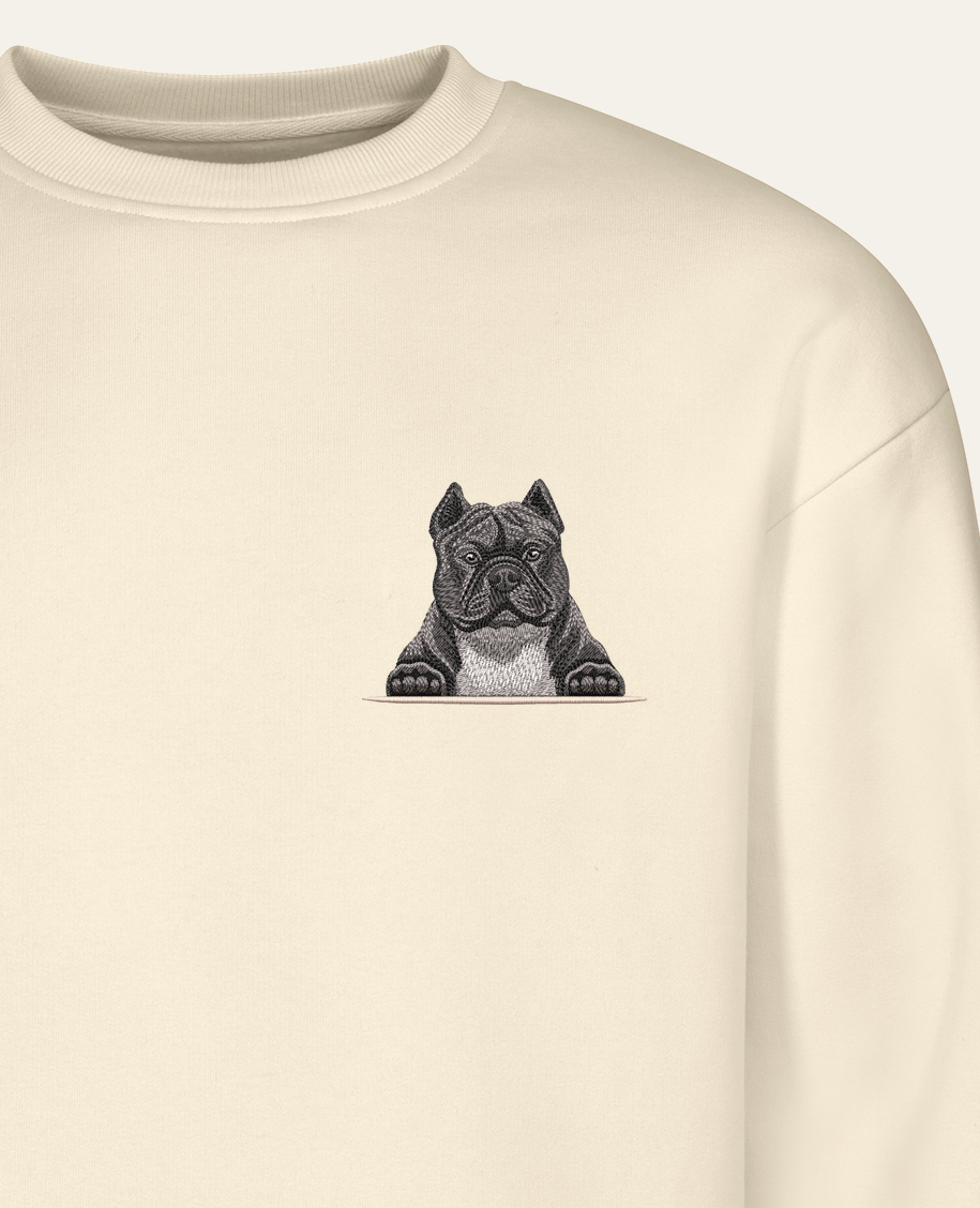 American Bully (niebieski) – bluza z haftem, piaskowa (zbliżenie)