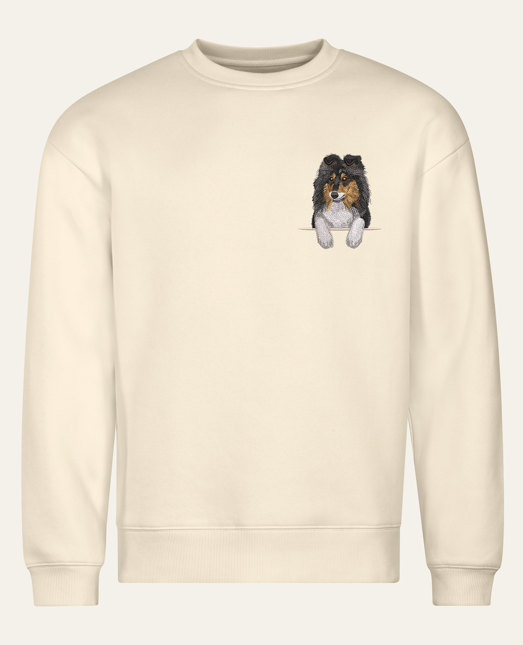 Owczarek szetlandzki (tricolor) – bluza z haftem, piaskowa (cała sylwetka)