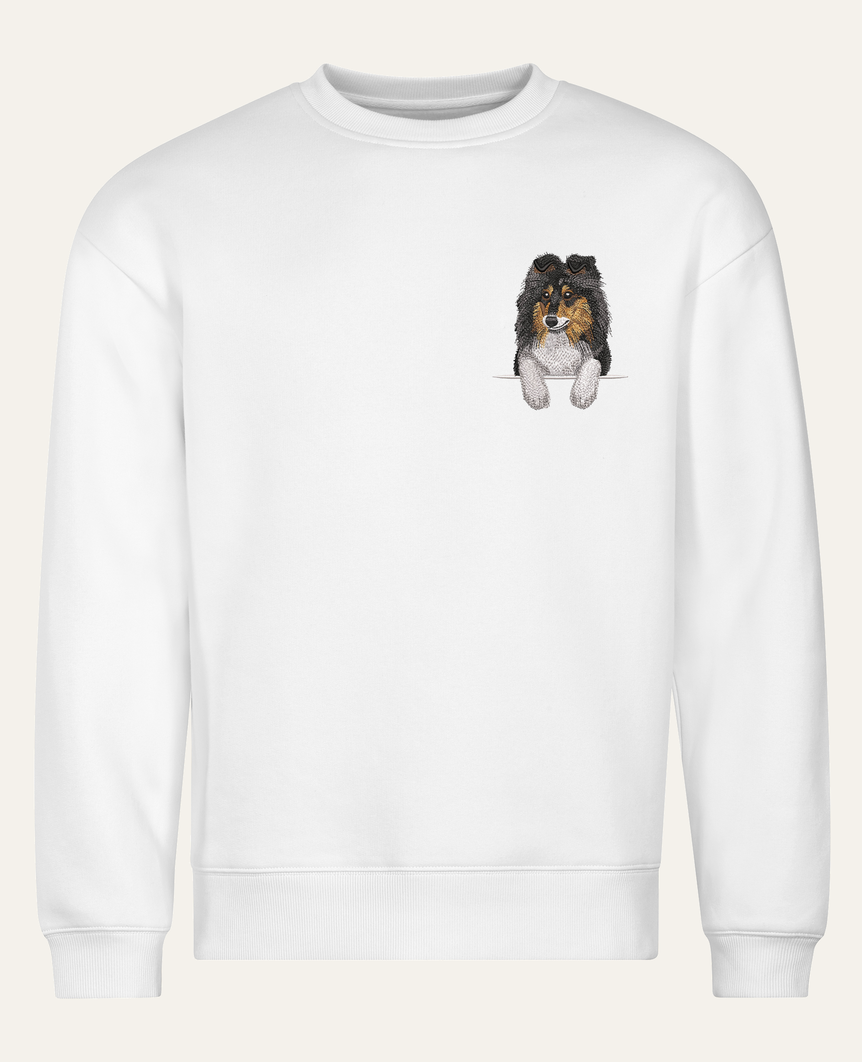 Owczarek szetlandzki (tricolor) – bluza z haftem, biała (cała sylwetka)