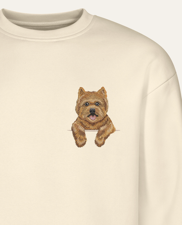 Norwich terrier (rudy) – bluza z haftem, piaskowa (zbliżenie)