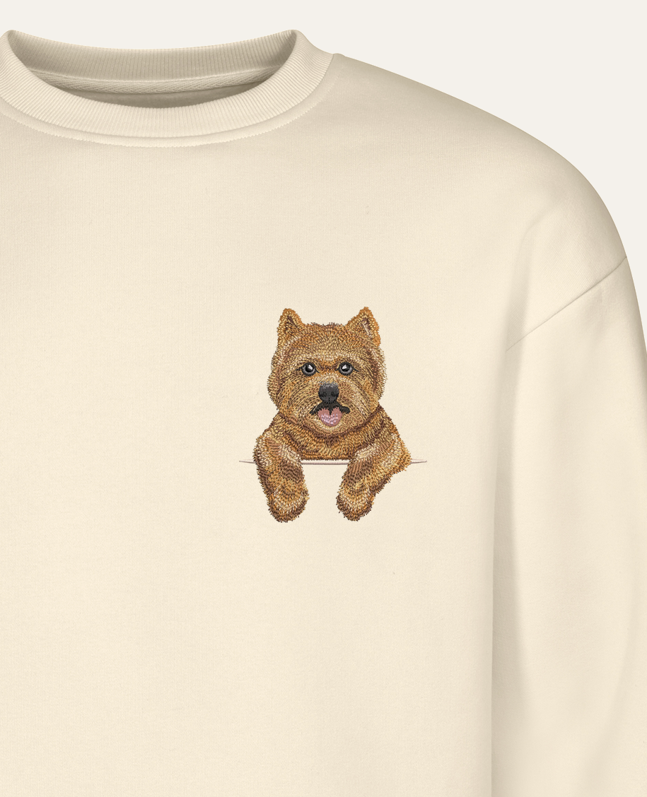 Norwich terrier (rudy) – bluza z haftem, piaskowa (zbliżenie)
