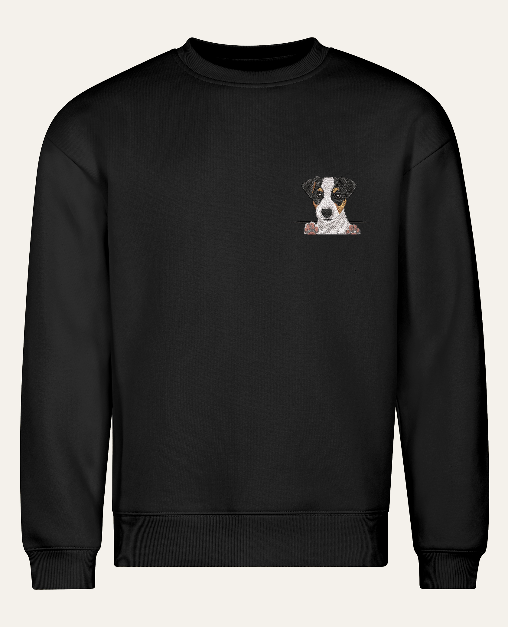 Jack Russell terrier (tricolor) – bluza z haftem, czarna (cała sylwetka)