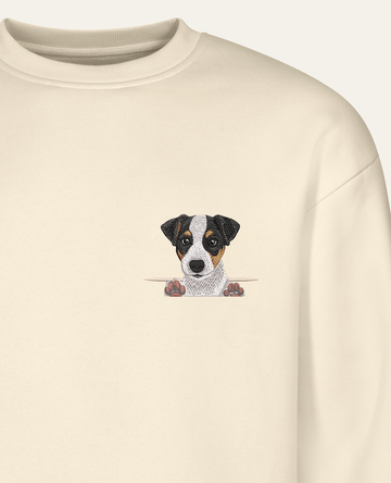 Jack Russell terrier (tricolor) – bluza z haftem, piaskowa (zbliżenie)