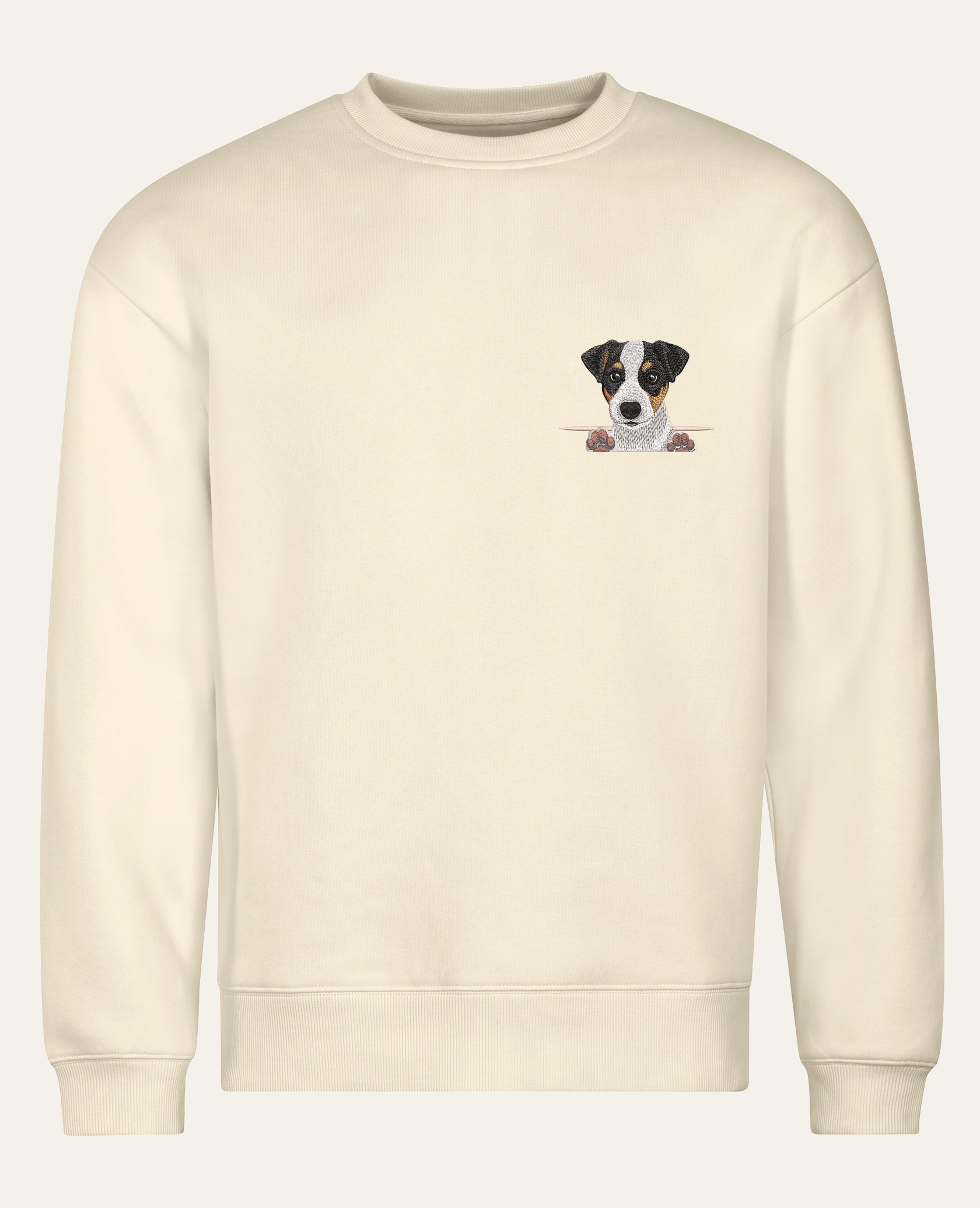 Jack Russell terrier (tricolor) – bluza z haftem, piaskowa (cała sylwetka)
