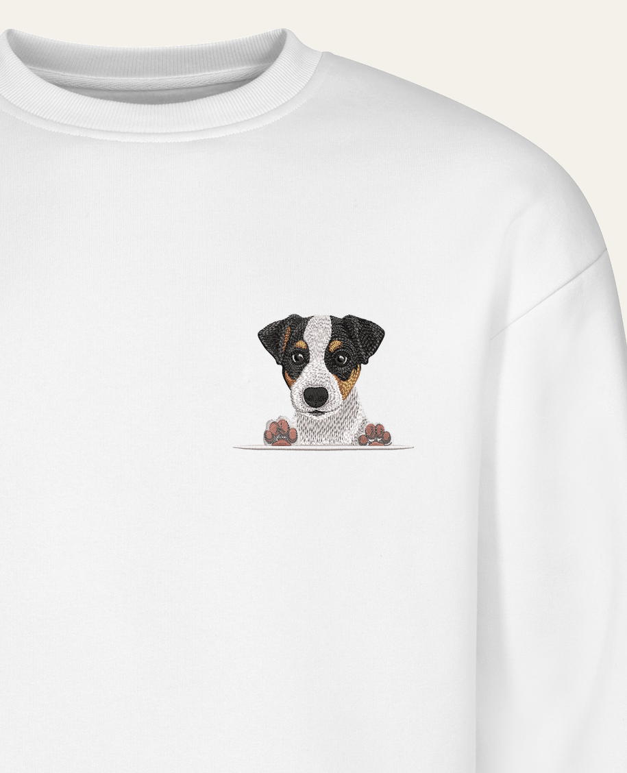 Jack Russell terrier (tricolor) – bluza z haftem, piaskowa (zbliżenie)