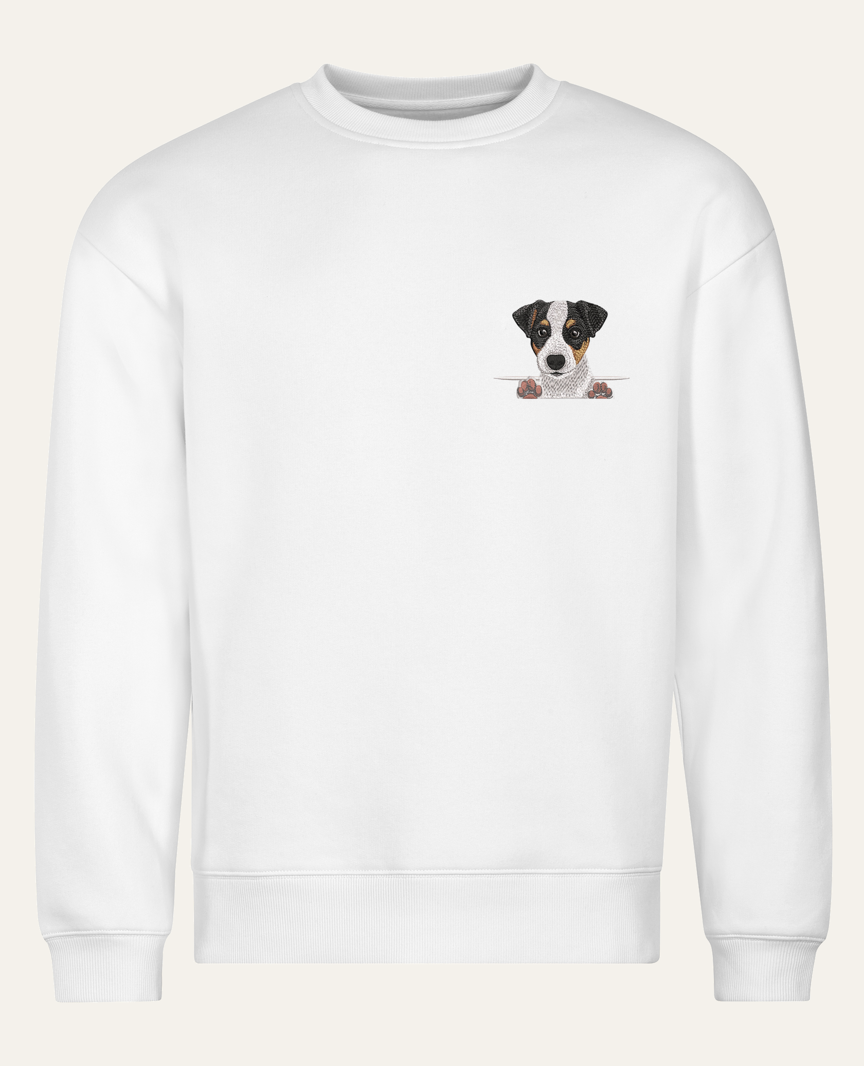 Jack Russell terrier (tricolor) – bluza z haftem, biała (cała sylwetka)