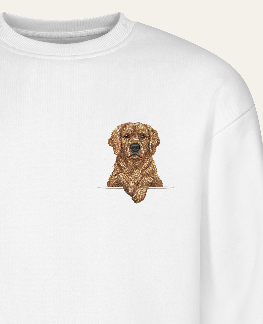 Retriever (złoty) – bluza z haftem, biała (zbliżenie)