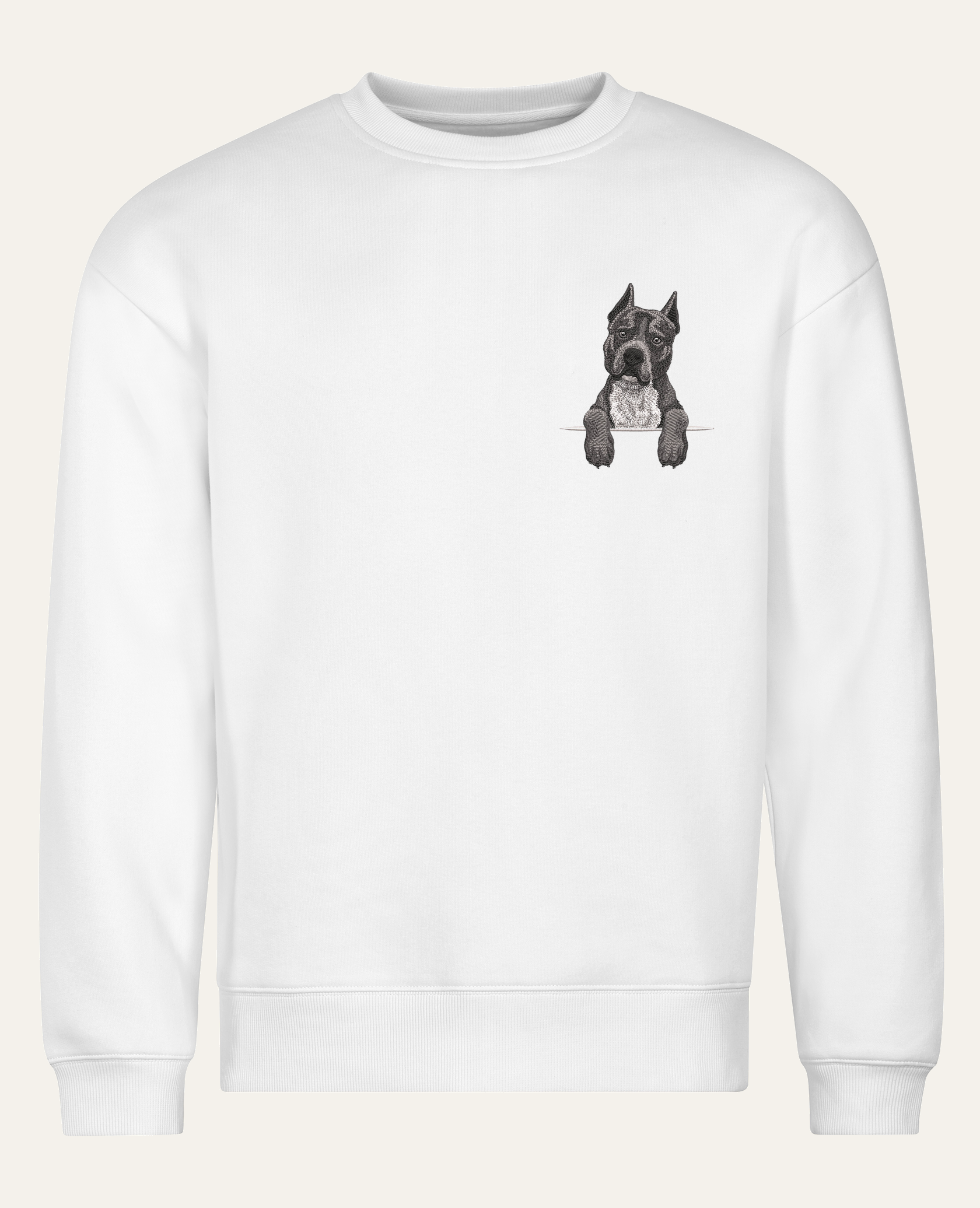Staffordshire terrier (szary) – bluza z haftem, biała (cała sylwetka)
