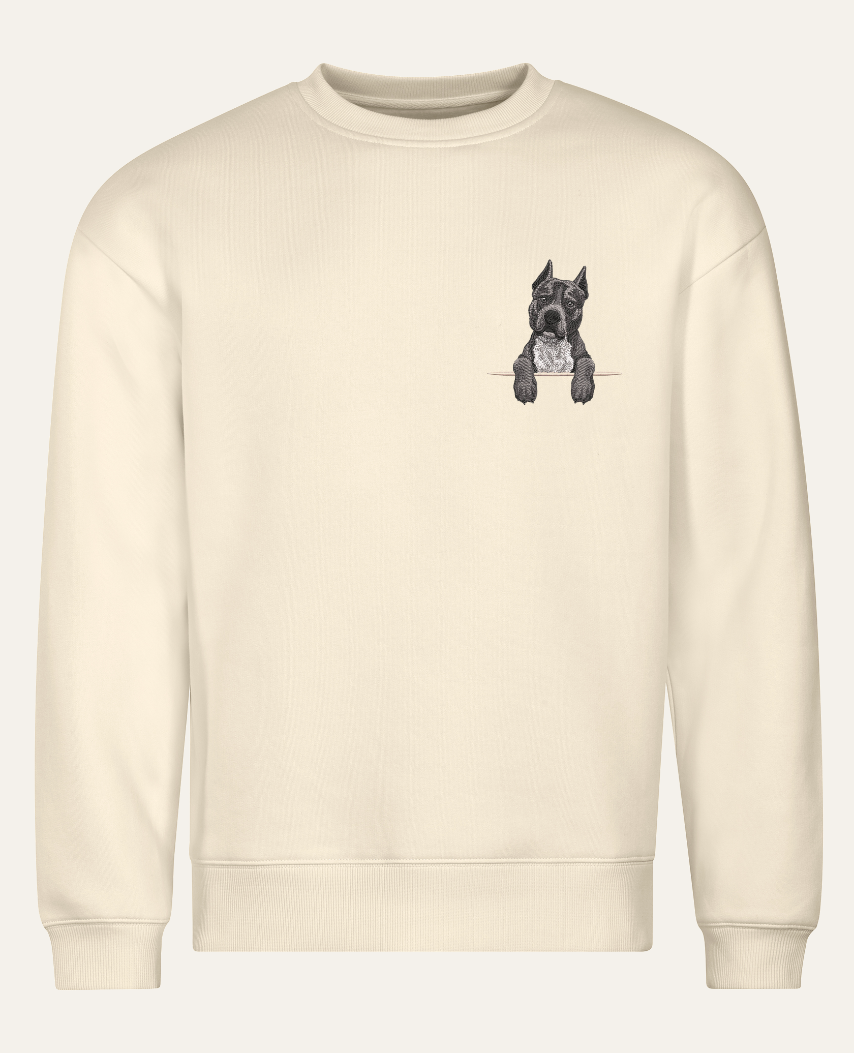 Staffordshire terrier niekopiowany (szary) – bluza z haftem, piaskowa (cała sylwetka)