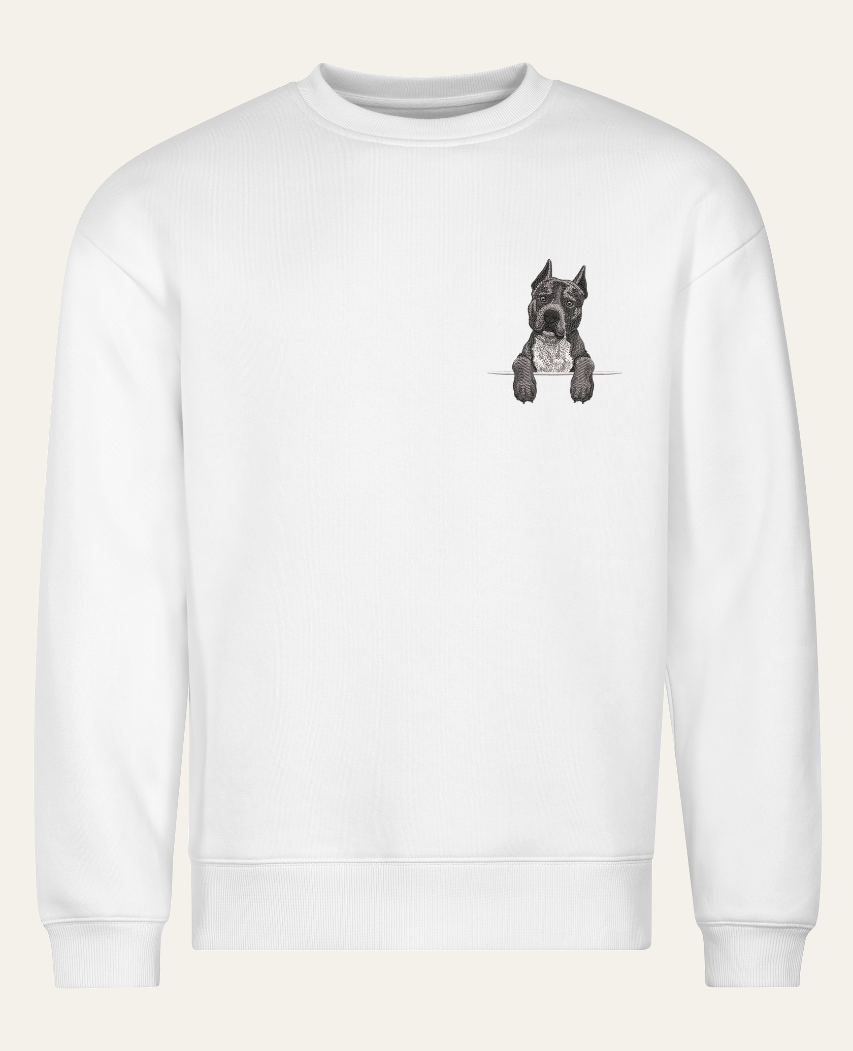Staffordshire terrier niekopiowany (szary) – bluza z haftem, biała (cała sylwetka)
