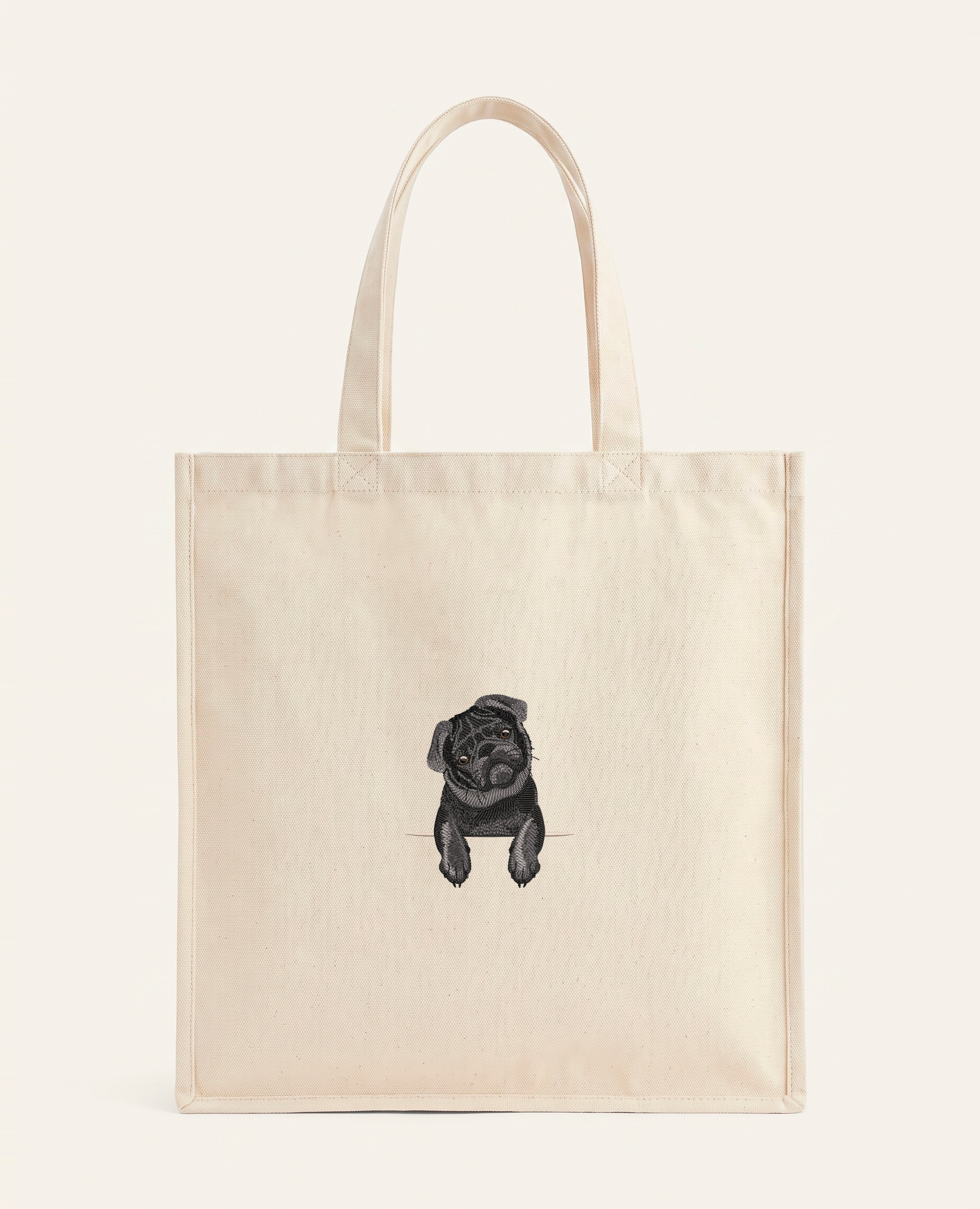 Mops (czarny) – torba z haftem, piaskowa