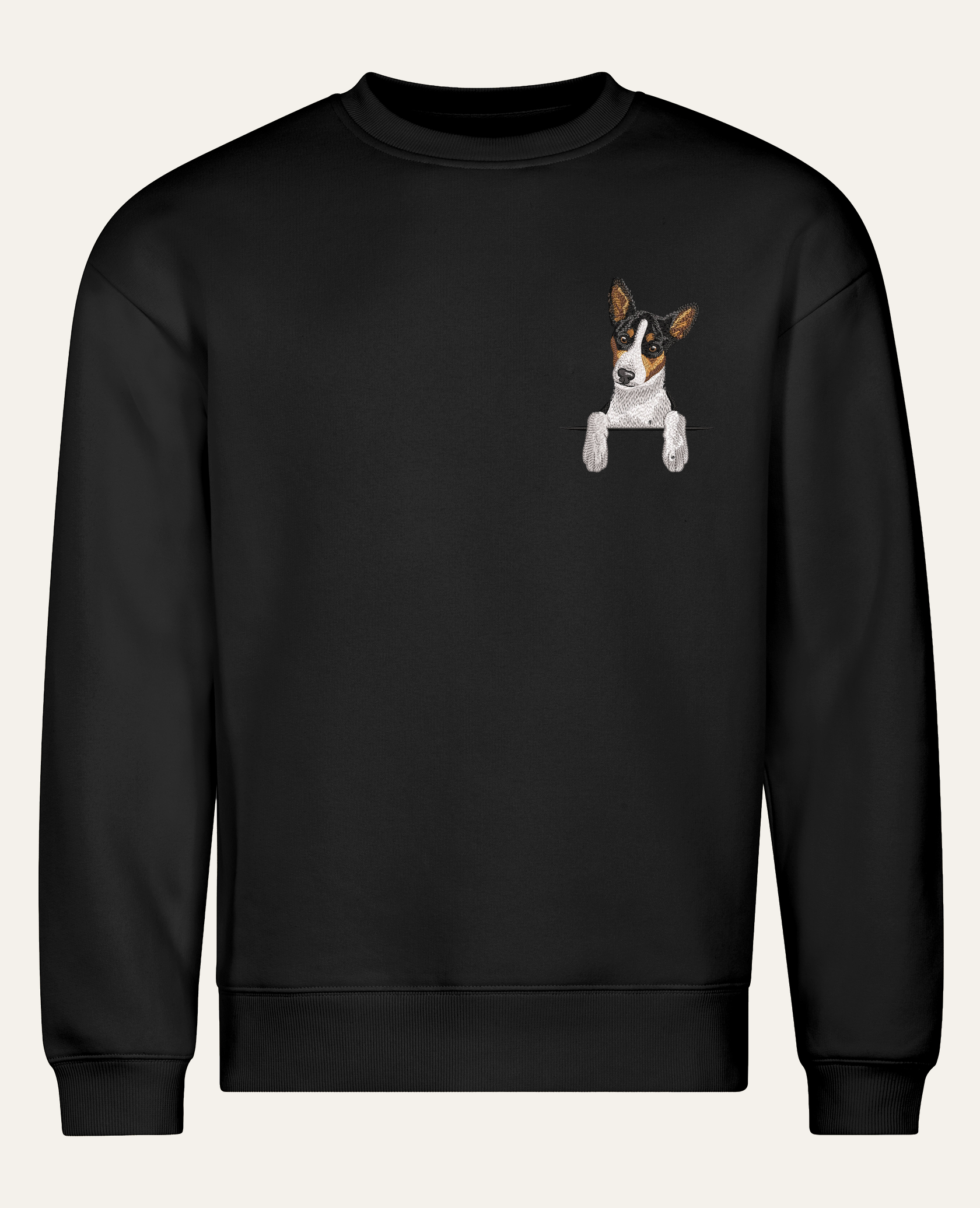 Basenji (tricolor) – bluza z haftem, czarna (cała sylwetka)