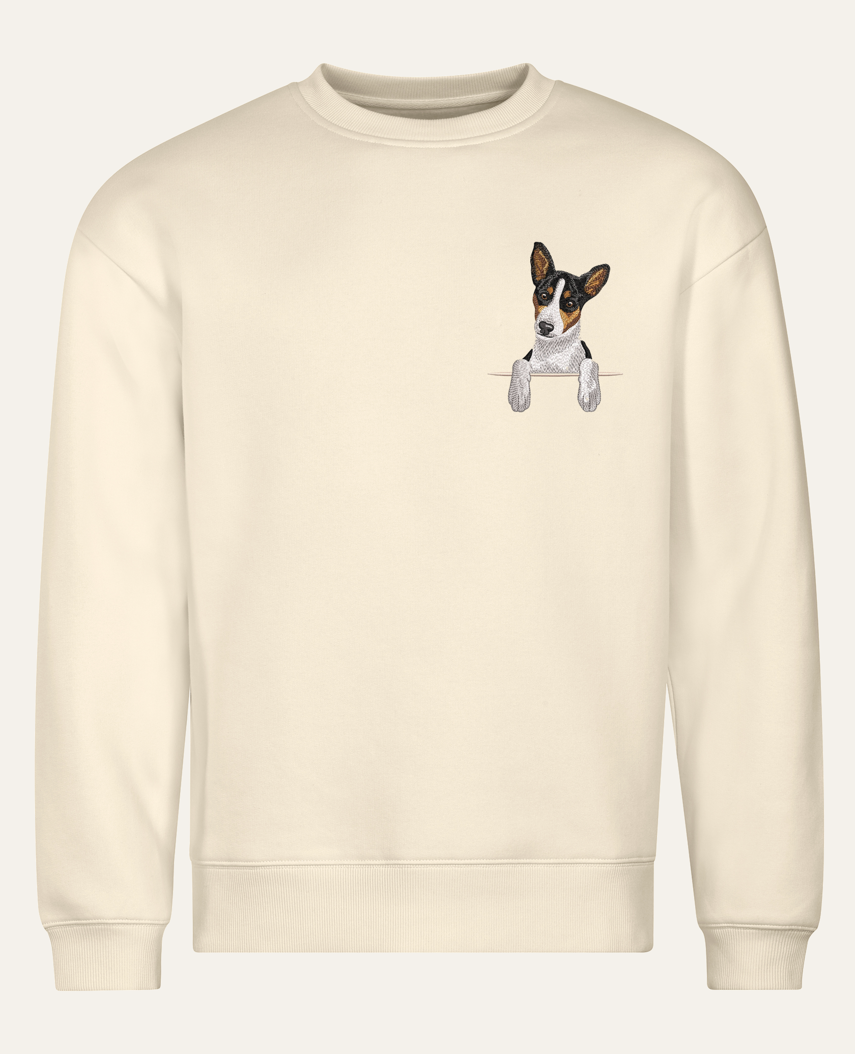 Basenji (tricolor) – bluza z haftem, piaskowa (cała sylwetka)