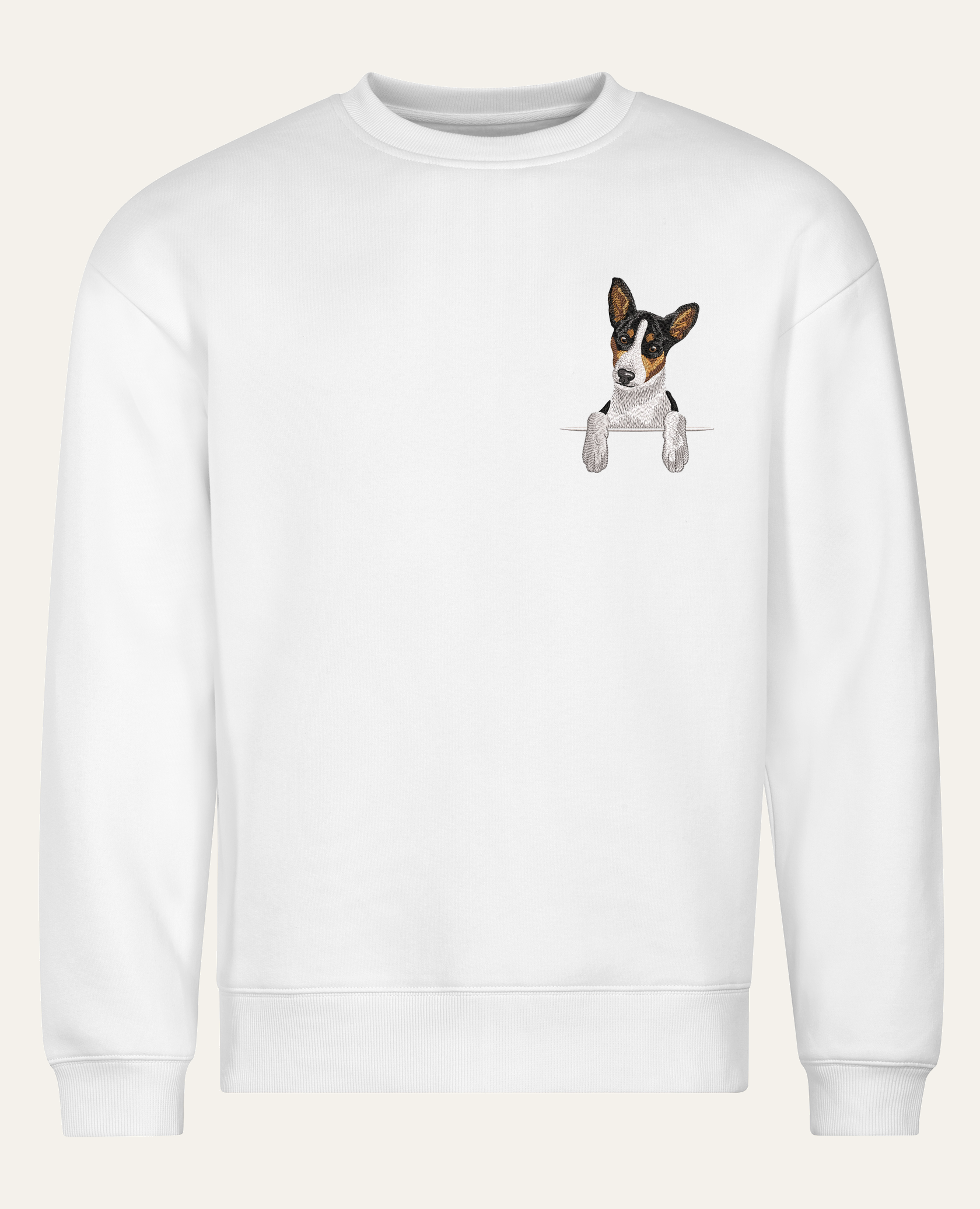 Basenji (tricolor) – bluza z haftem, biała (cała sylwetka)
