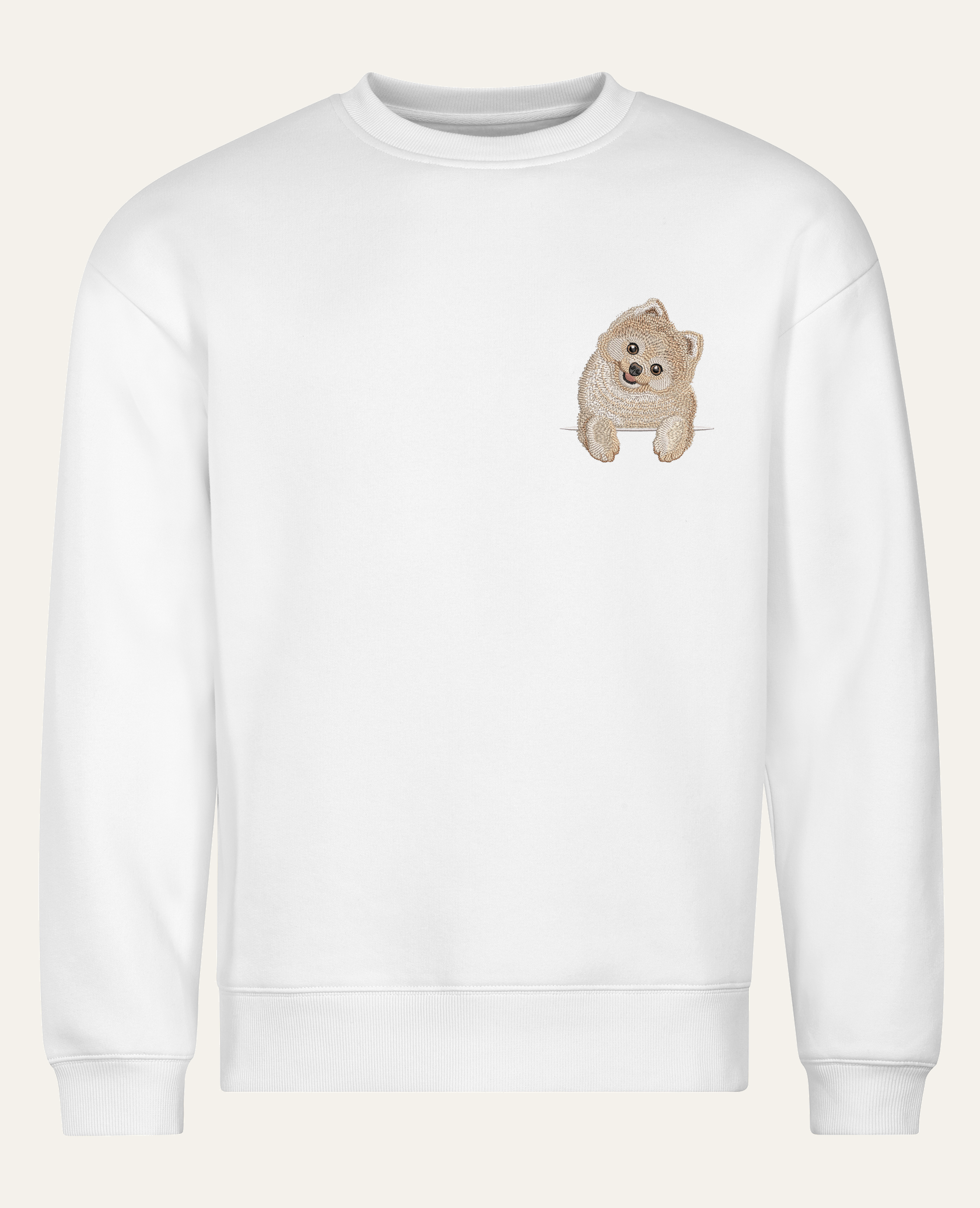 Szpic miniaturowy (Pomeranian) (kremowy) – bluza z haftem, biała (cała sylwetka)