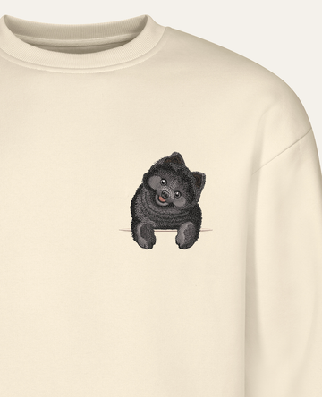 Szpic miniaturowy (Pomeranian) (czarny) – bluza z haftem, piaskowa (zbliżenie)