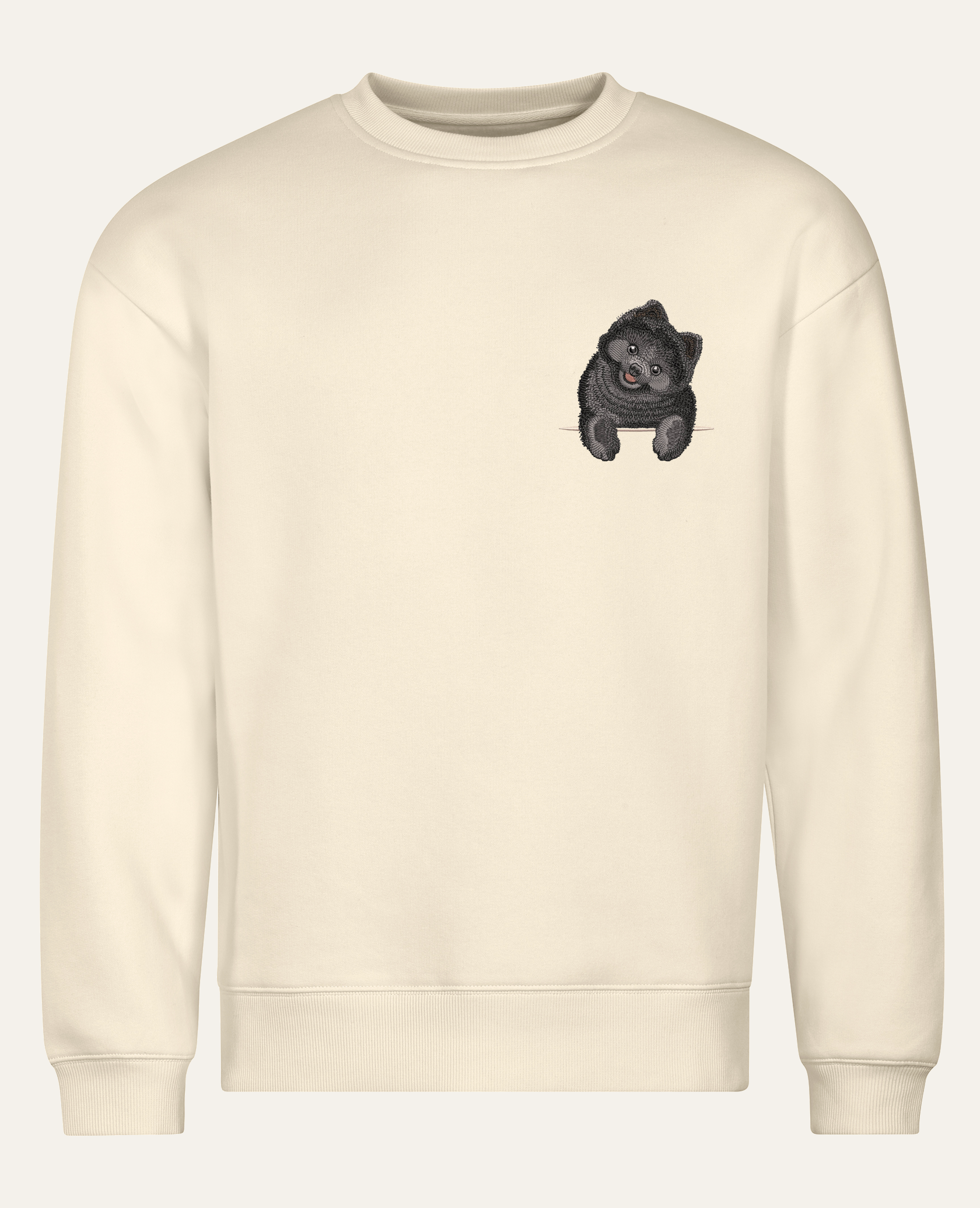 Szpic miniaturowy (Pomeranian) (czarny) – bluza z haftem, piaskowa (cała sylwetka)