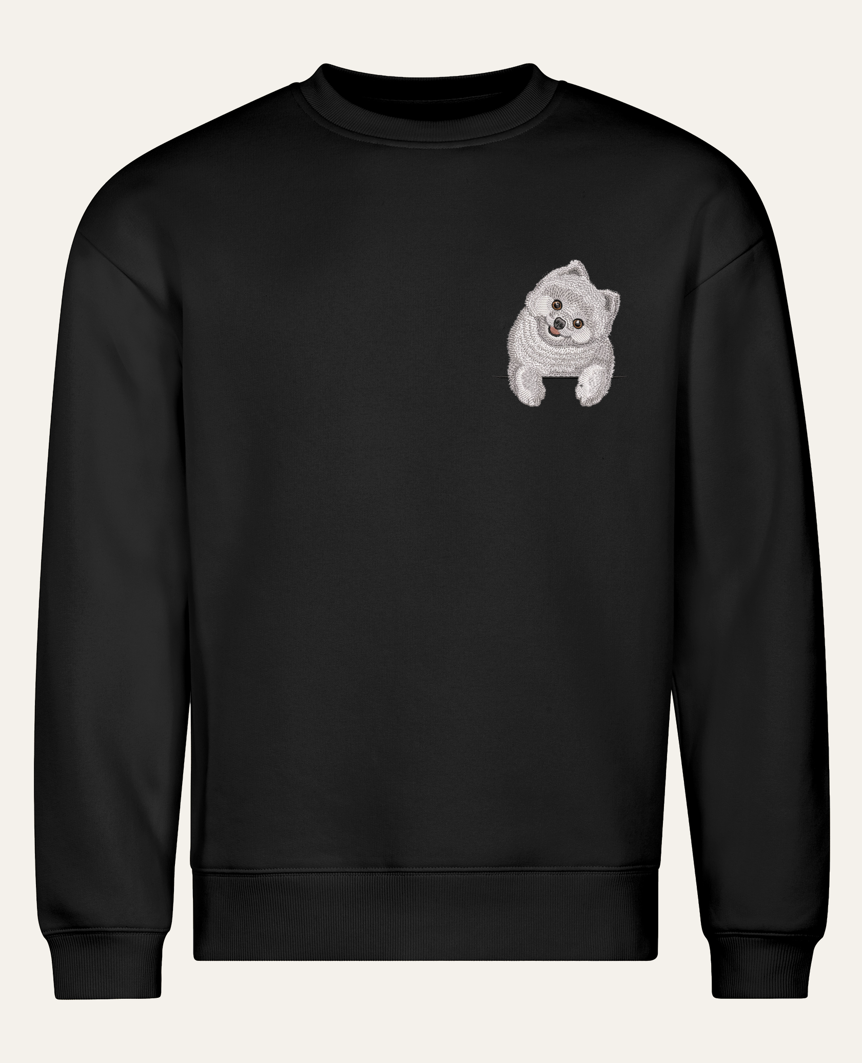 Szpic miniaturowy (Pomeranian) (biały) – bluza z haftem, czarna (cała sylwetka)