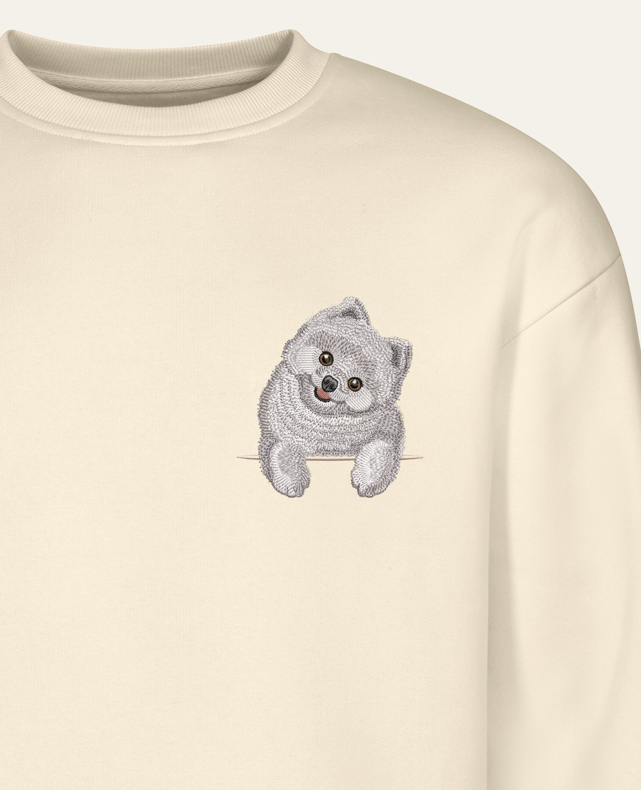 Szpic miniaturowy (Pomeranian) (biały) – bluza z haftem, piaskowa (zbliżenie)