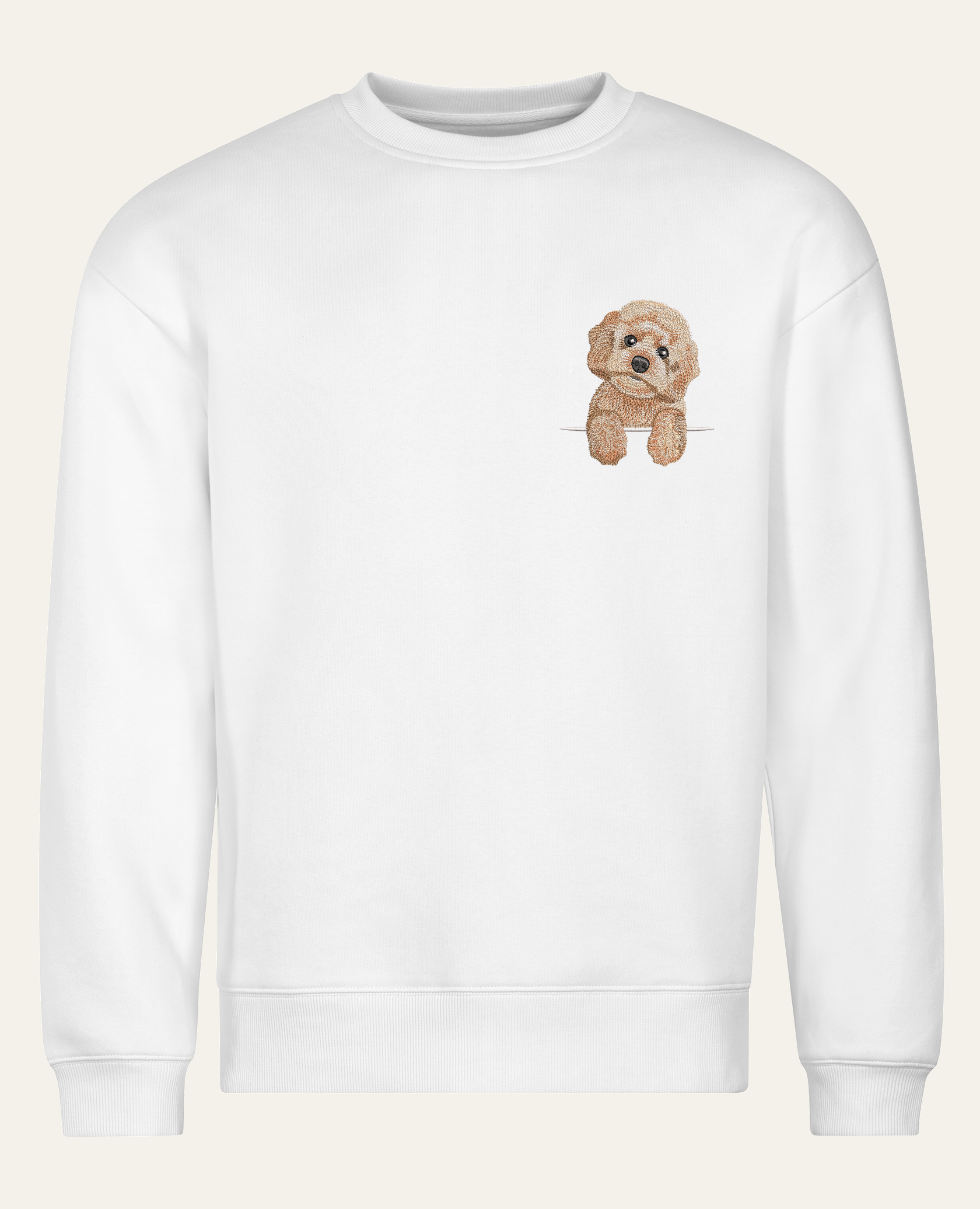 Maltipoo (kremowy) – bluza z haftem, biała (cała sylwetka)