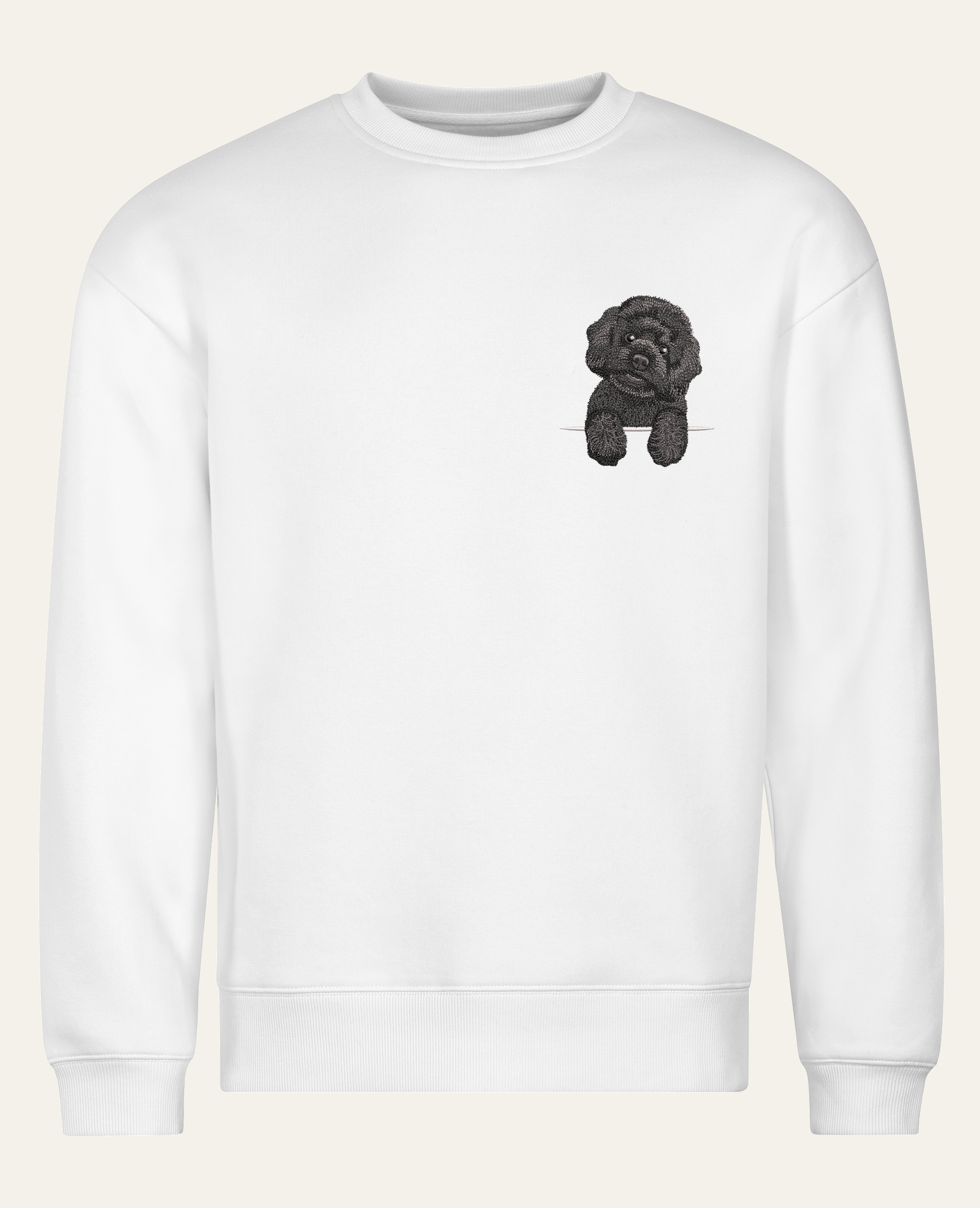 Maltipoo (czarny) – bluza z haftem, biała (cała sylwetka)