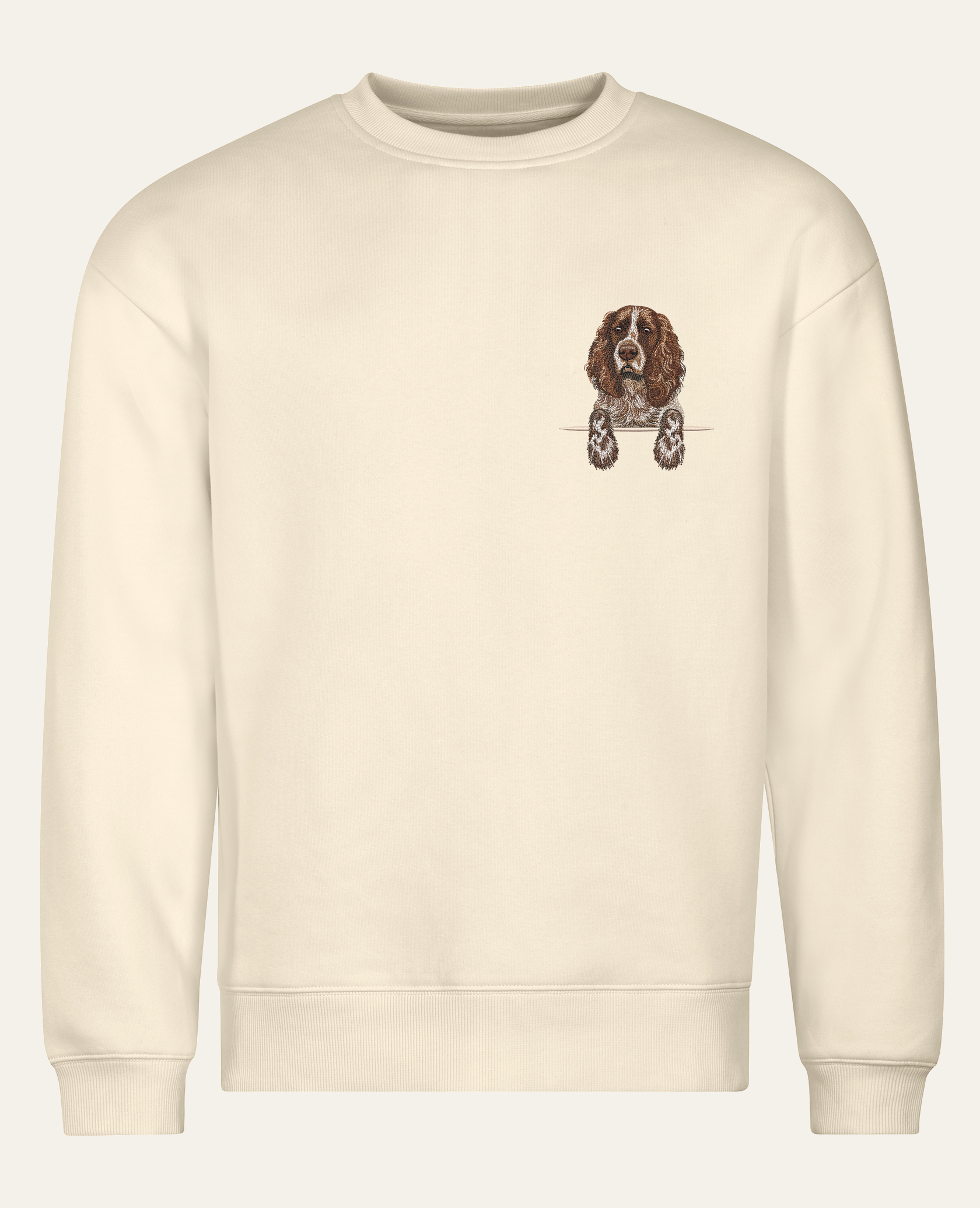 Spaniel rosyjski (brązowy) – bluza z haftem, piaskowa (cała sylwetka)
